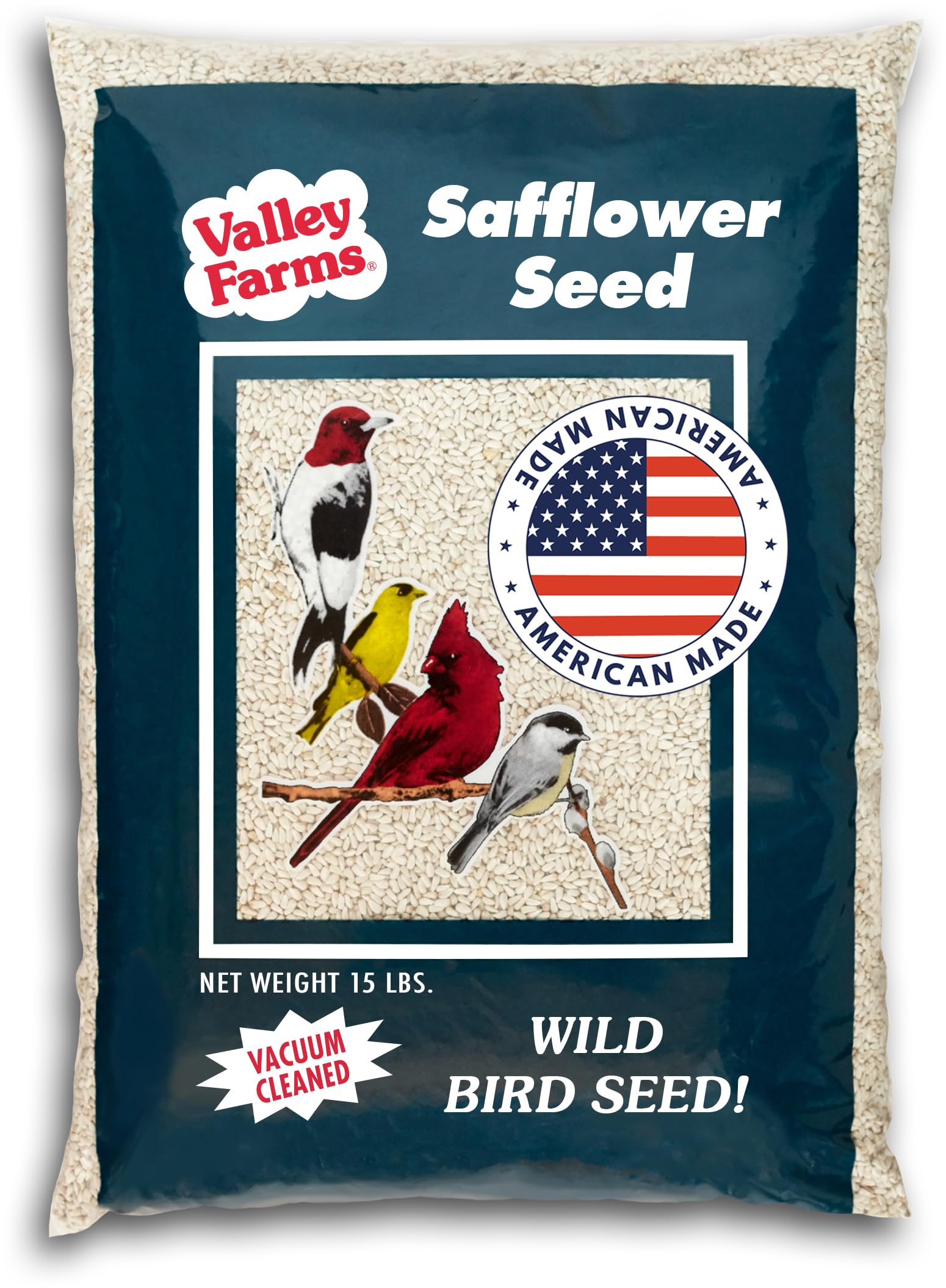 Valley Farms front packaging showing 15 lb bag and clear branding benefit: durable supply