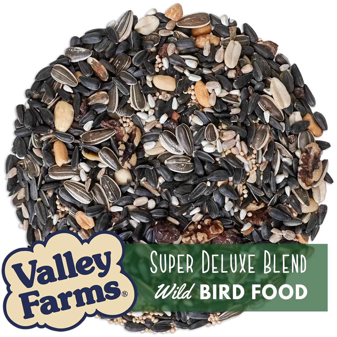 Close-up texture of Valley Farms seed mix highlighting variety and high nutrition