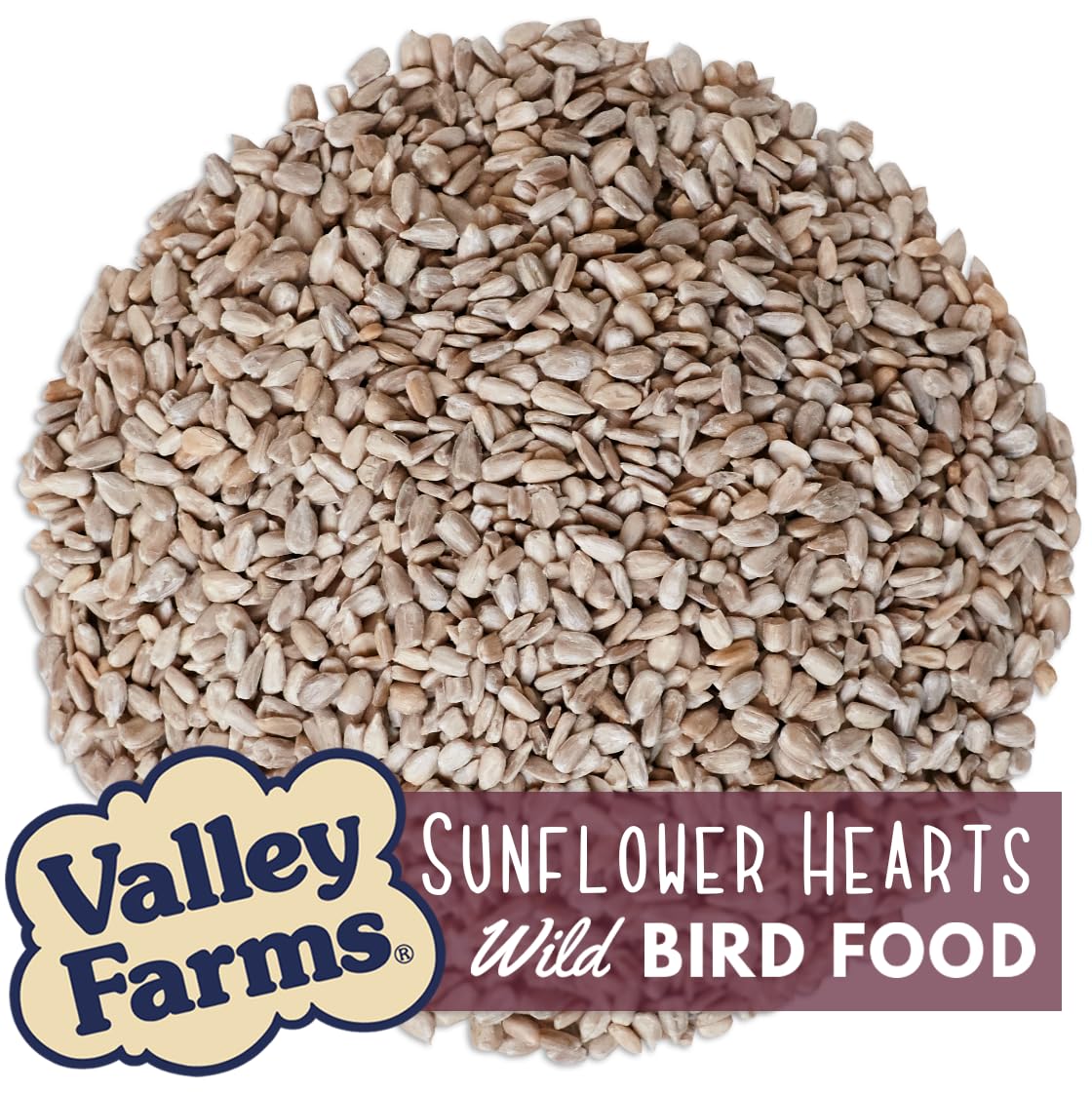 Valley Farms closeup of sunflower hearts texture and rich oil content for bird energy