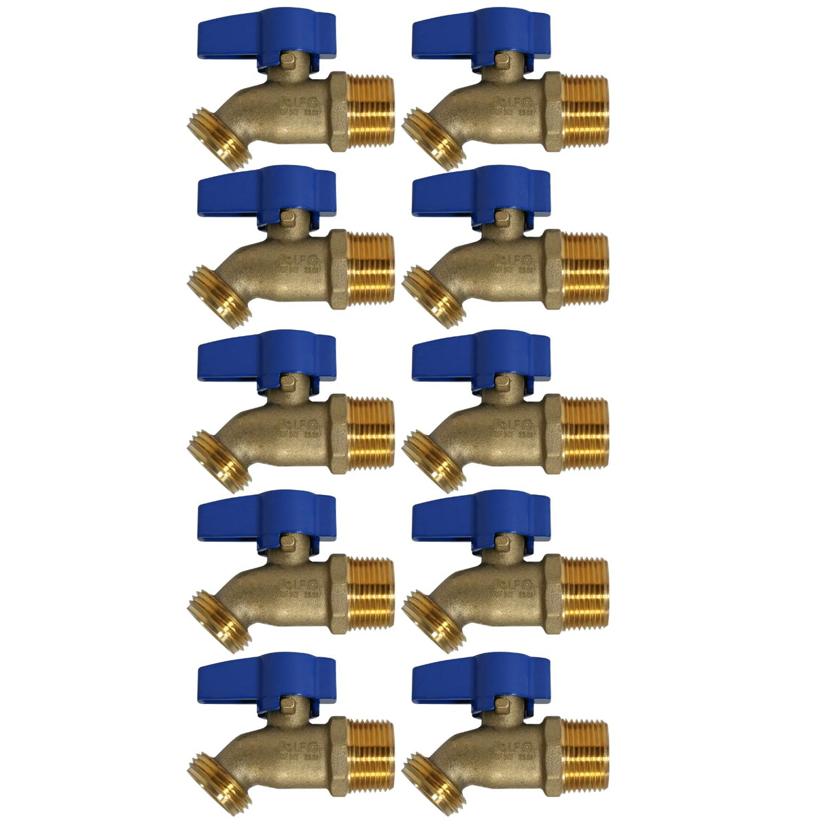 VALVE XFITTNG front view of 10-pack hose bibbs showing packaging and quantity benefits