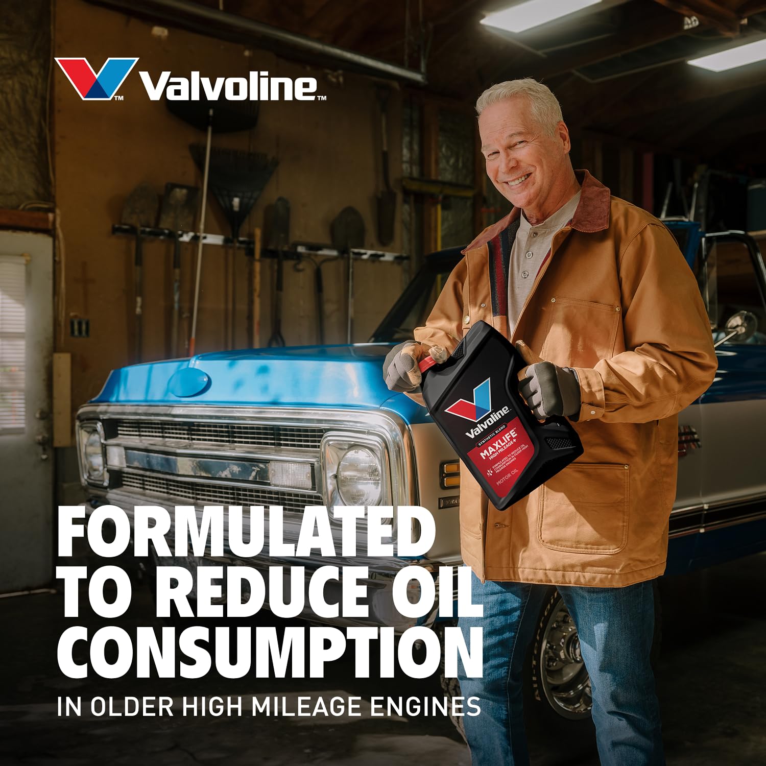 Valvoline bottle beside a car on highway conveying reliability