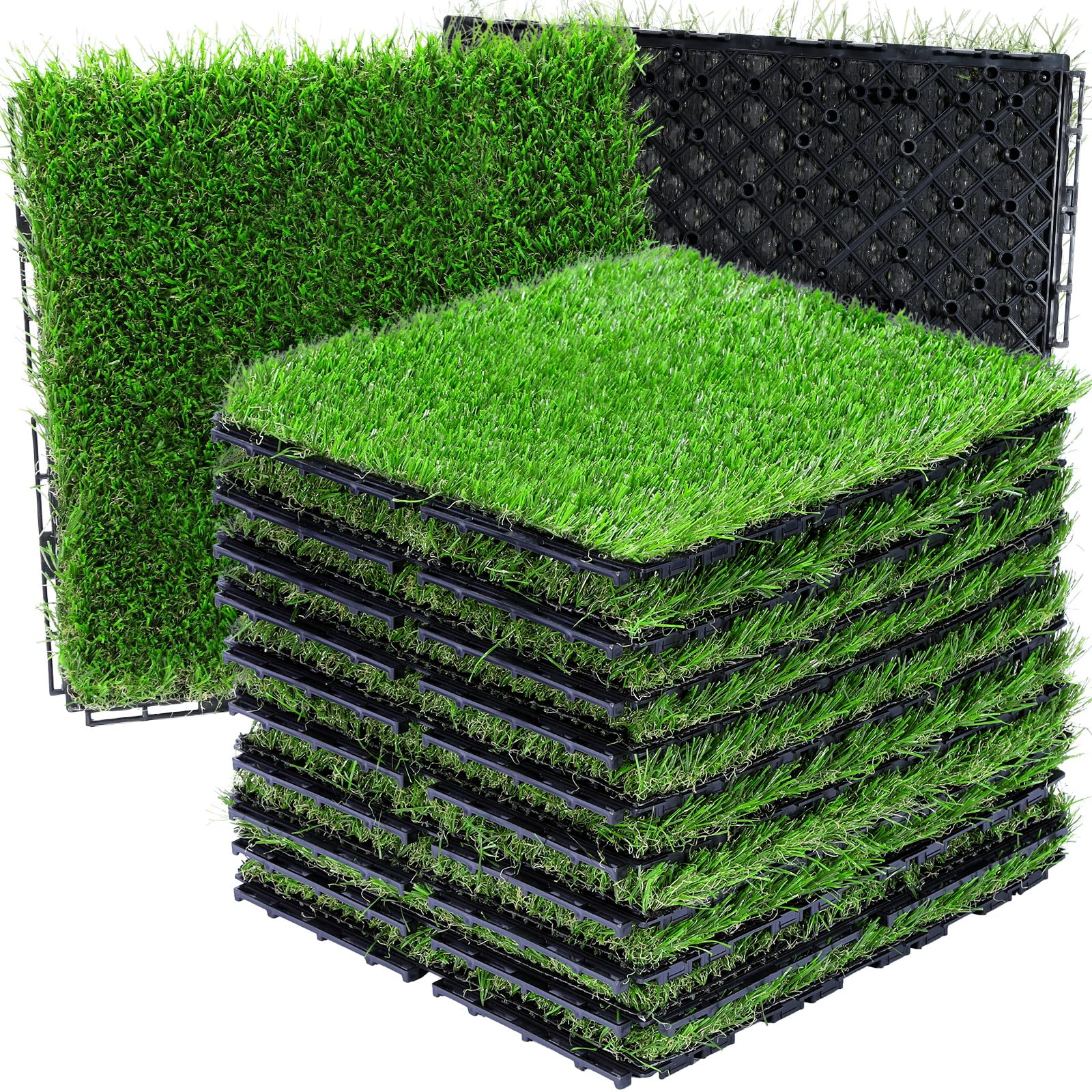 VANCASTLE front view of nine interlocking turf tiles showing neat packaging and ready-to-install benefit