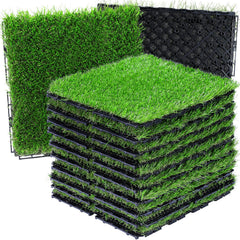 VANCASTLE front view of nine interlocking turf tiles showing neat packaging and ready-to-install benefit