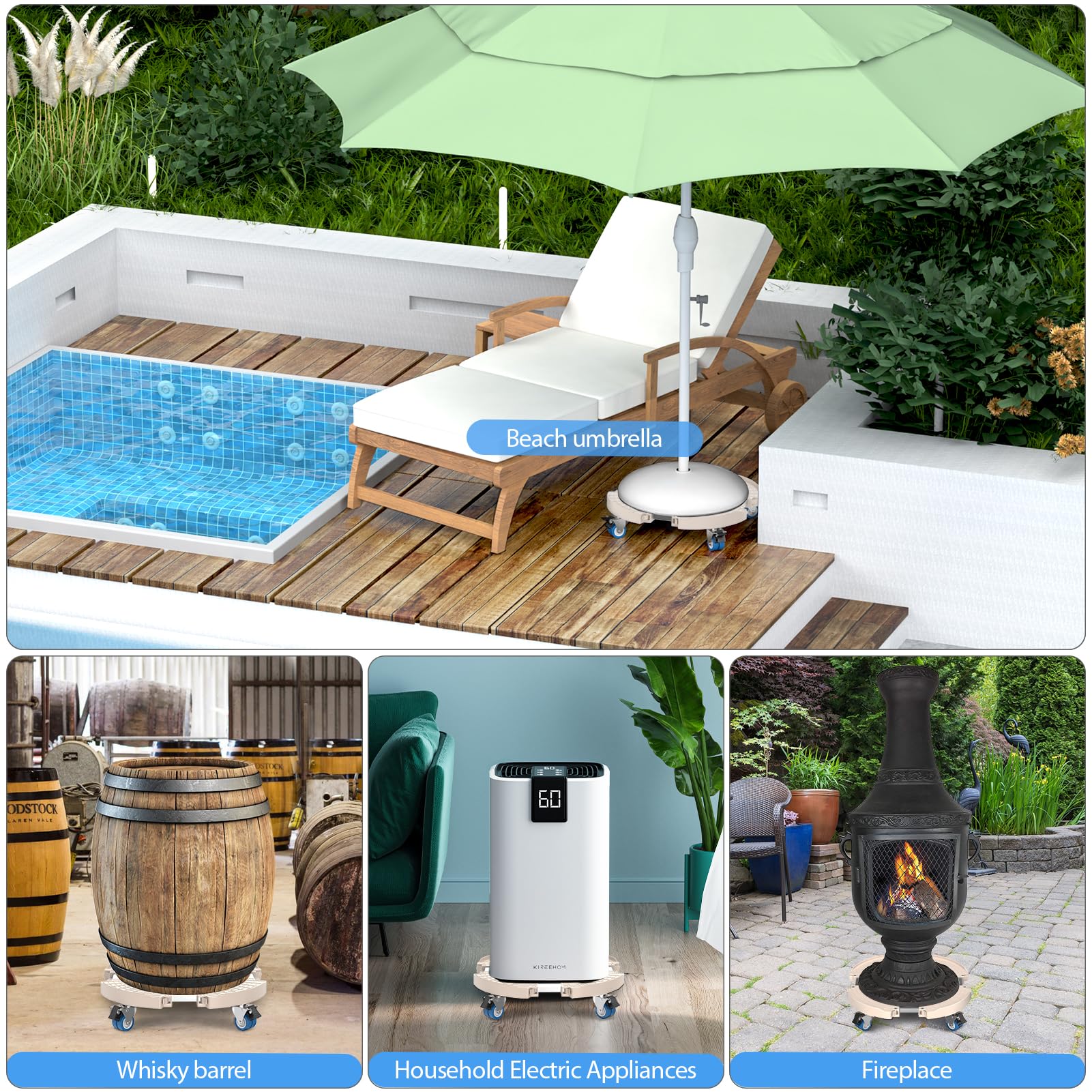 VANCASTLE plant caddy under a large outdoor planter, enabling easy repositioning