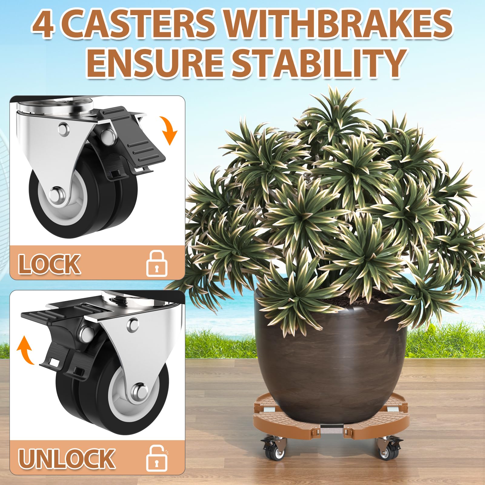 VANCASTLE caster close-up with lock, quiet movement and floor protection