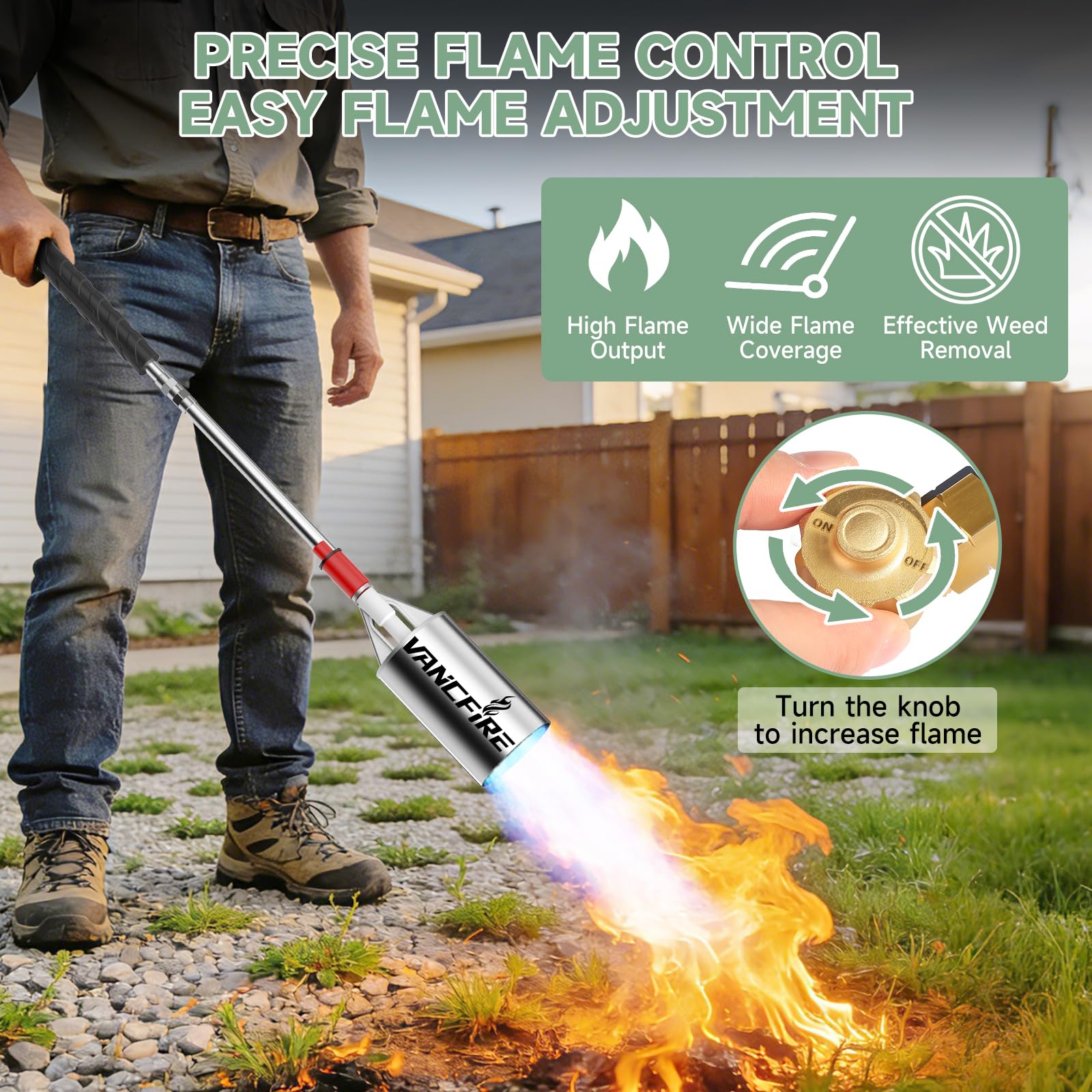 VANCFIRE nozzle close-up showing heat-resistant steel and durable flame