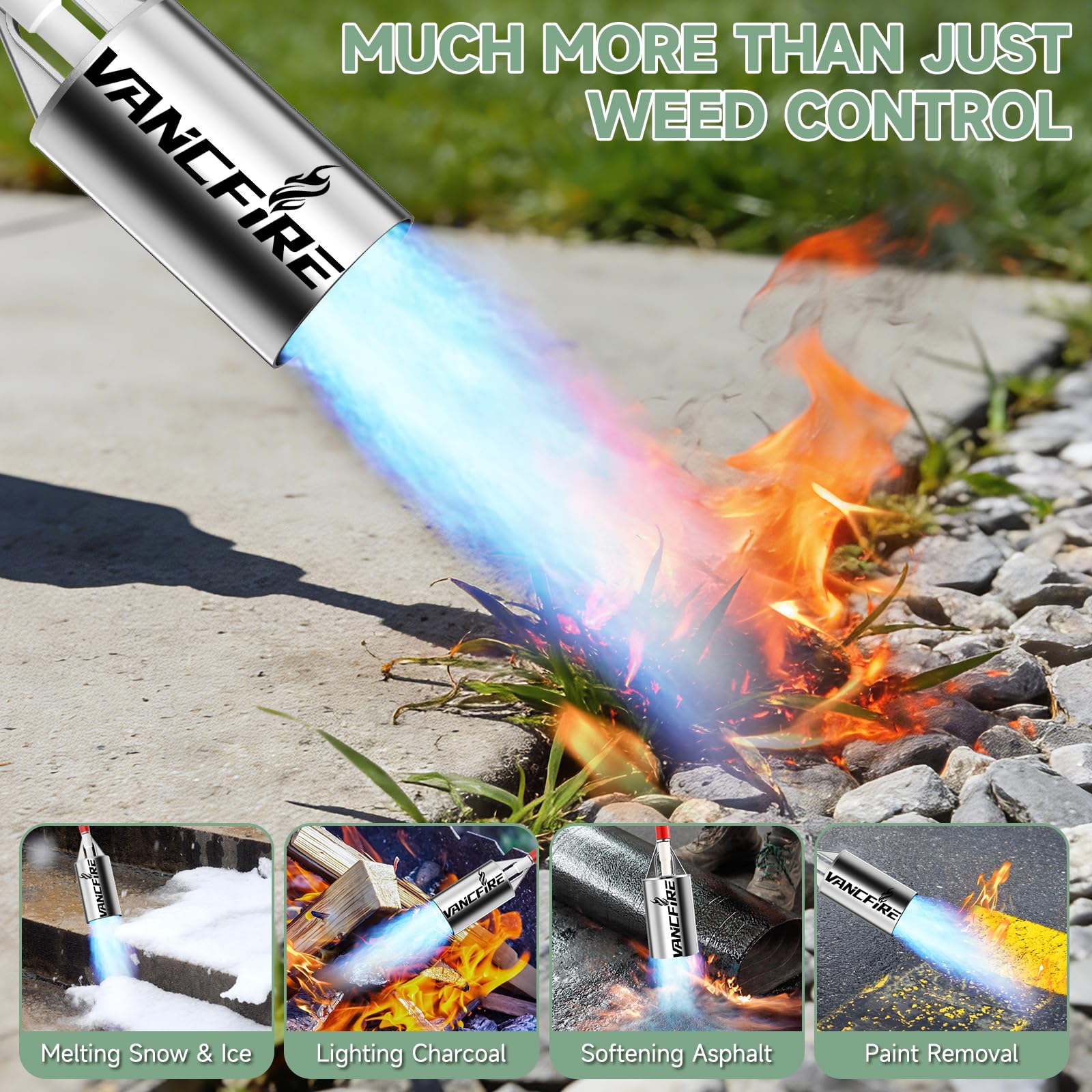 VANCFIRE next to a rake showing 34-inch wand length for ergonomic use