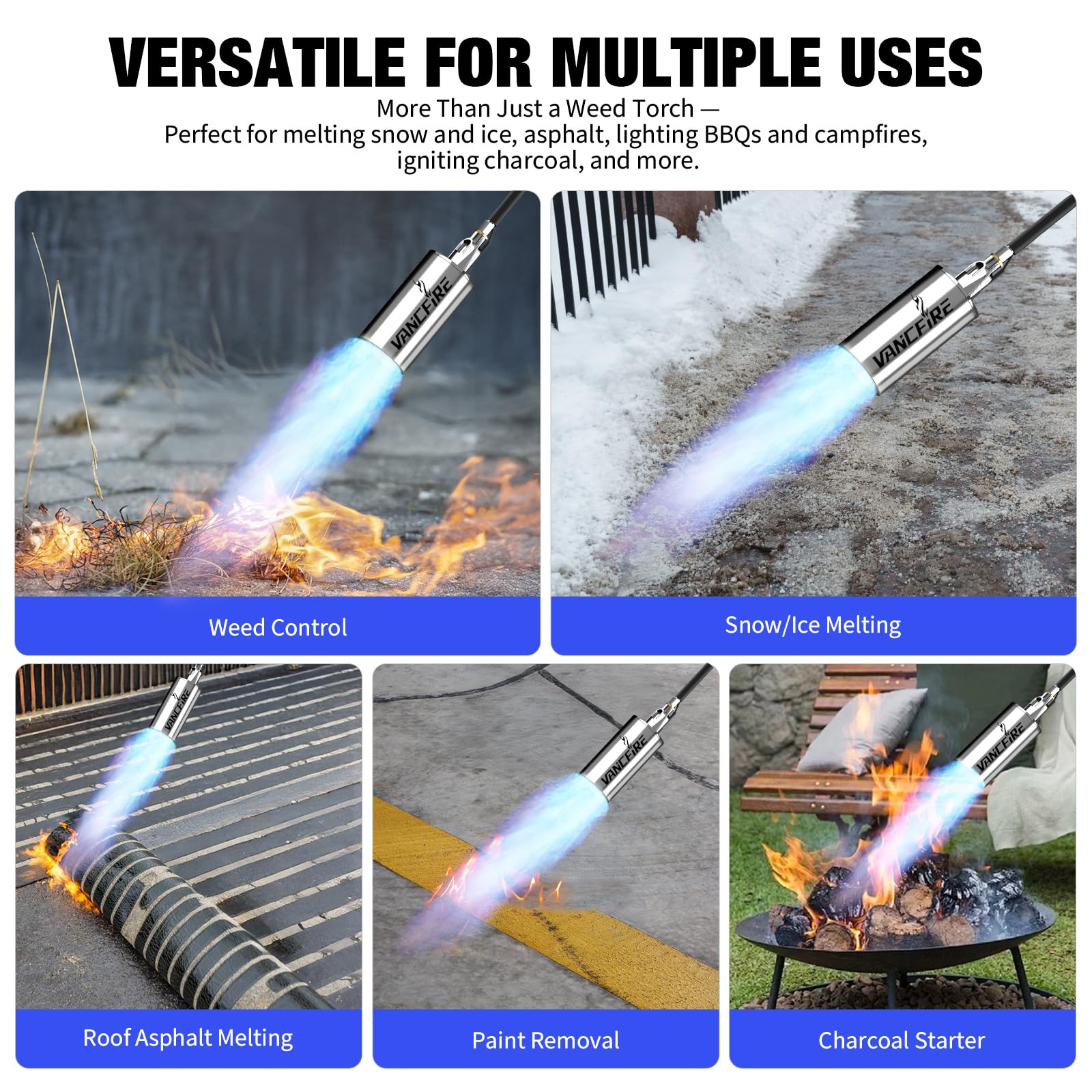 VANCFIRE torch flame demonstration on weeds showing effective chemical‑free control