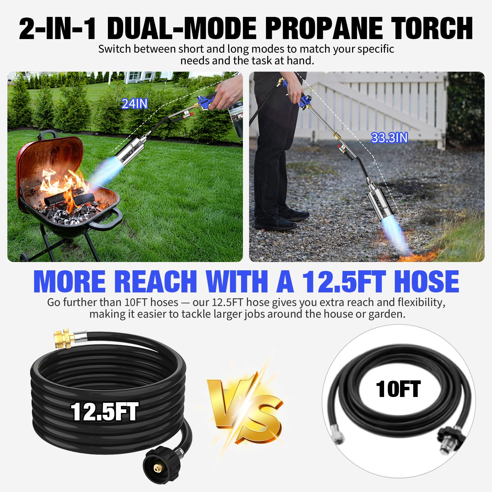 VANCFIRE hose and connector detail displaying 12.5ft reach and durable construction