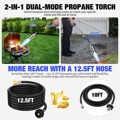 VANCFIRE hose and connector detail displaying 12.5ft reach and durable construction