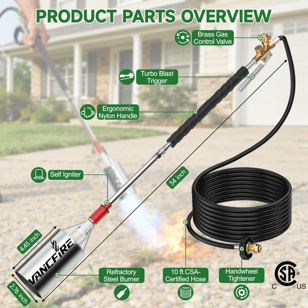 VANCFIRE hose connection scale showing CSA-certified 10ft hose for extended reach