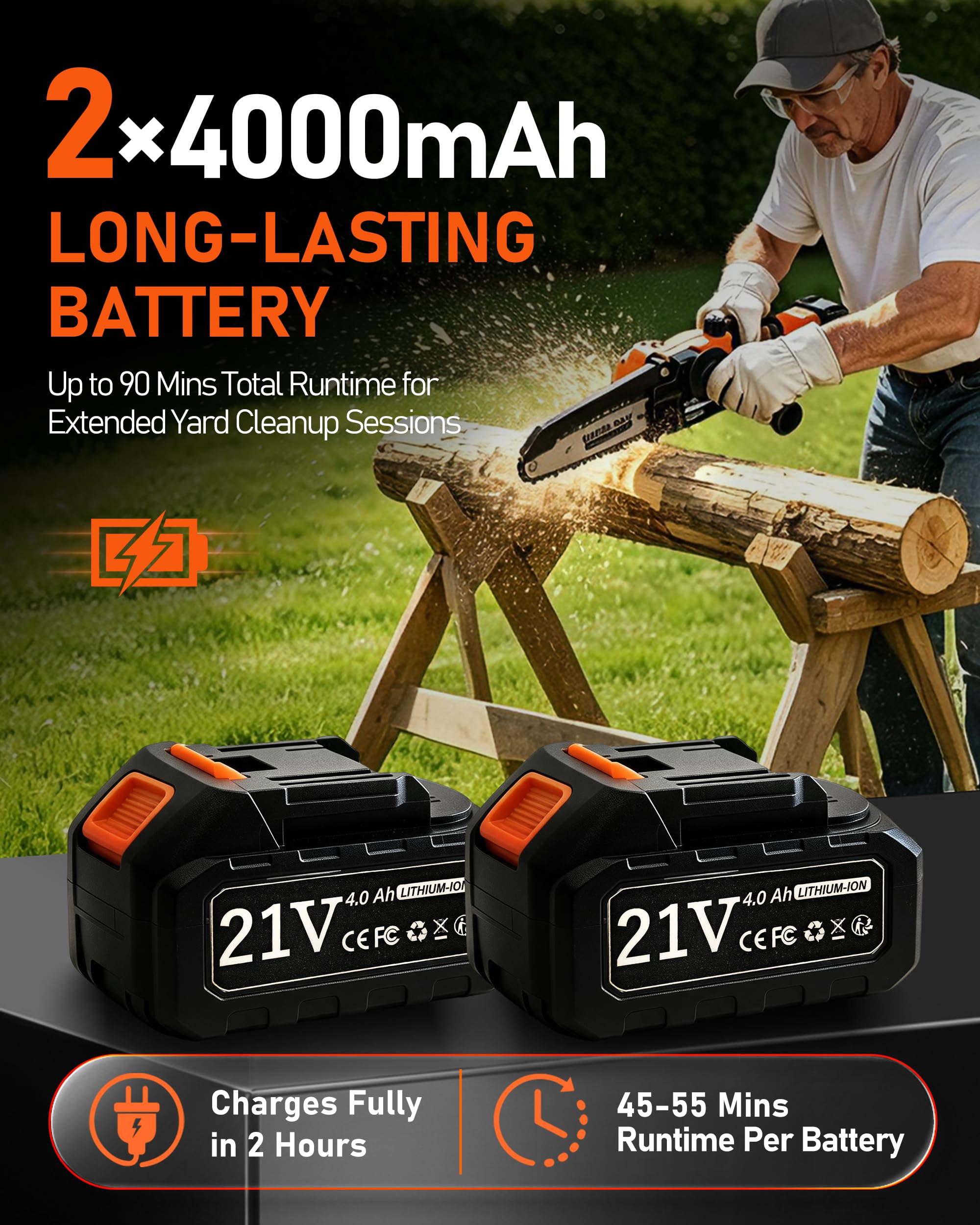 VANKERY dual 4.0Ah batteries with charger illustrating longer runtime advantage