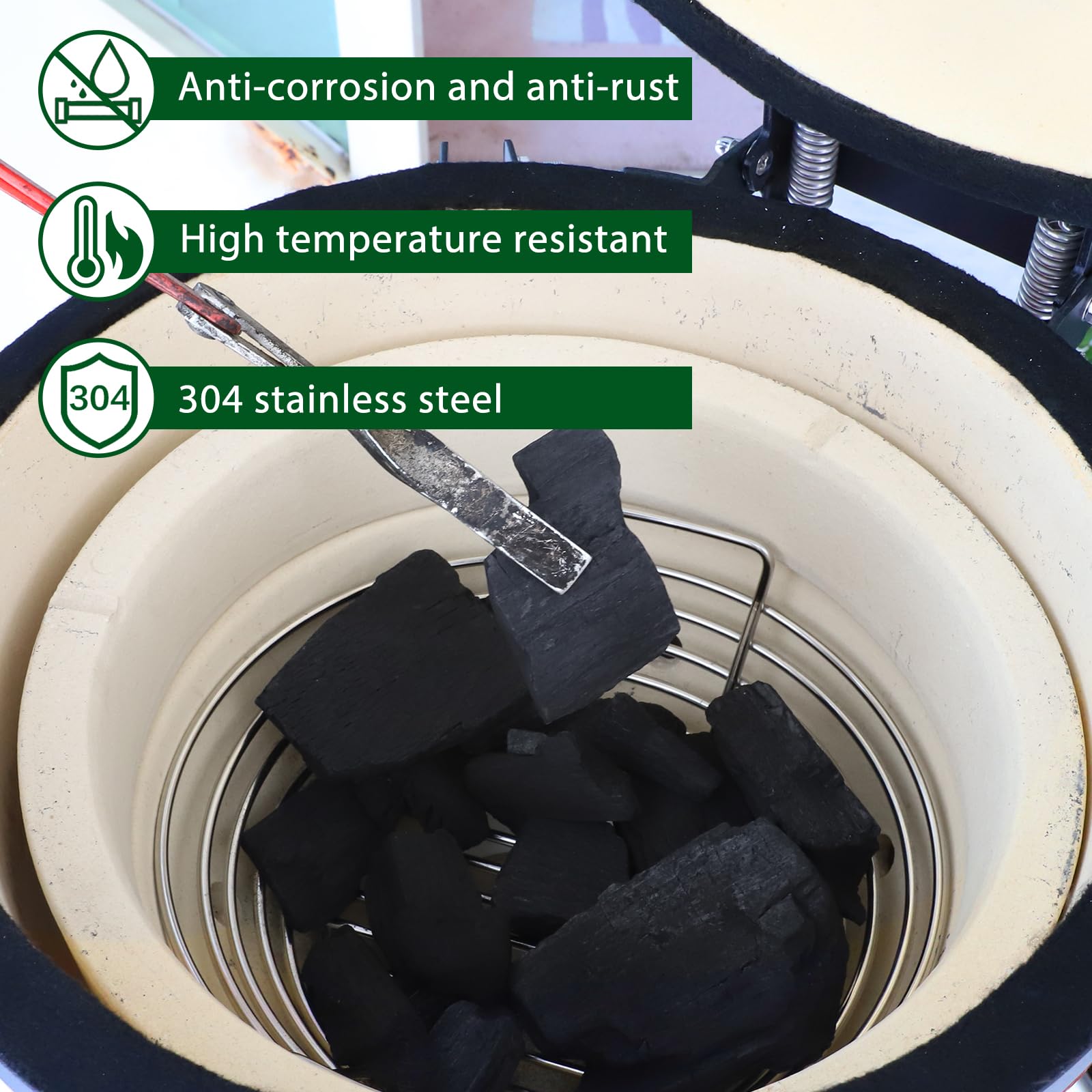 Vankey charcoal basket installed in Kamado Joe JR demonstrating improved airflow