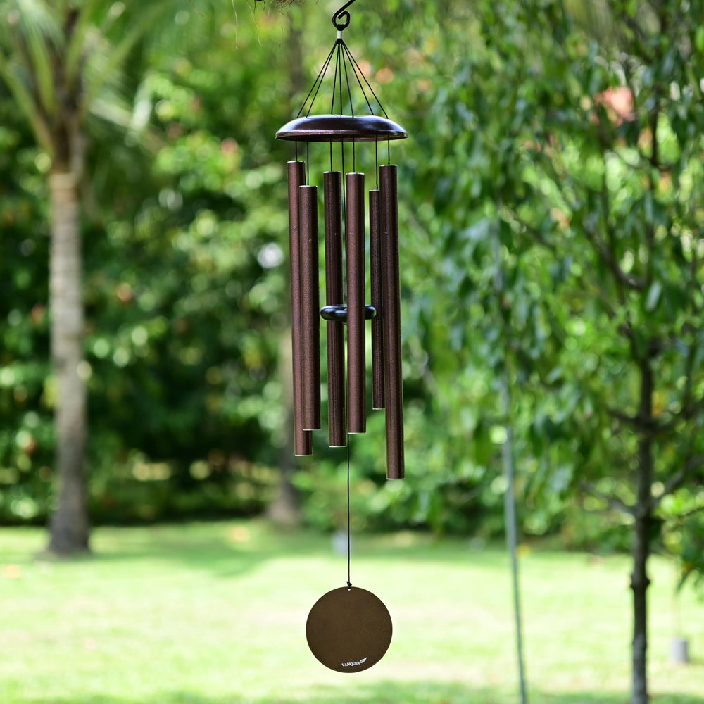Vanquer front view showing full 38 inch chimes and bronze finish benefit calming decor