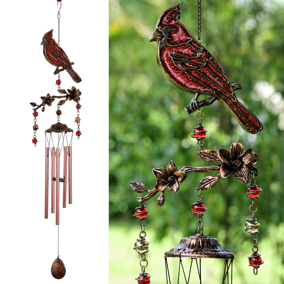 Vanquer front view showing cardinal, blossom, and chime offering decorative charm
