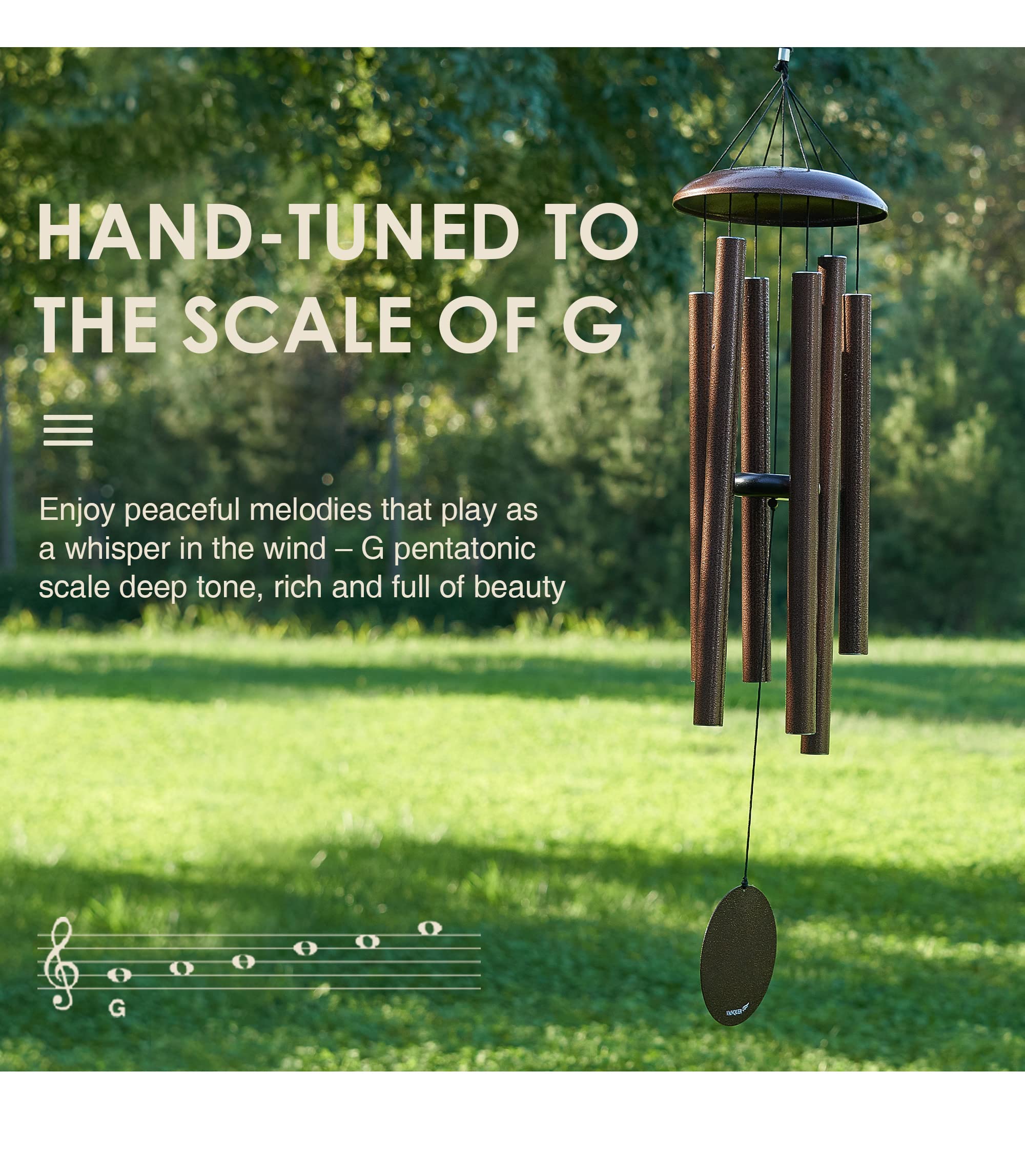 Vanquer chime next to ruler for scale showing optimal size for yards and memorials