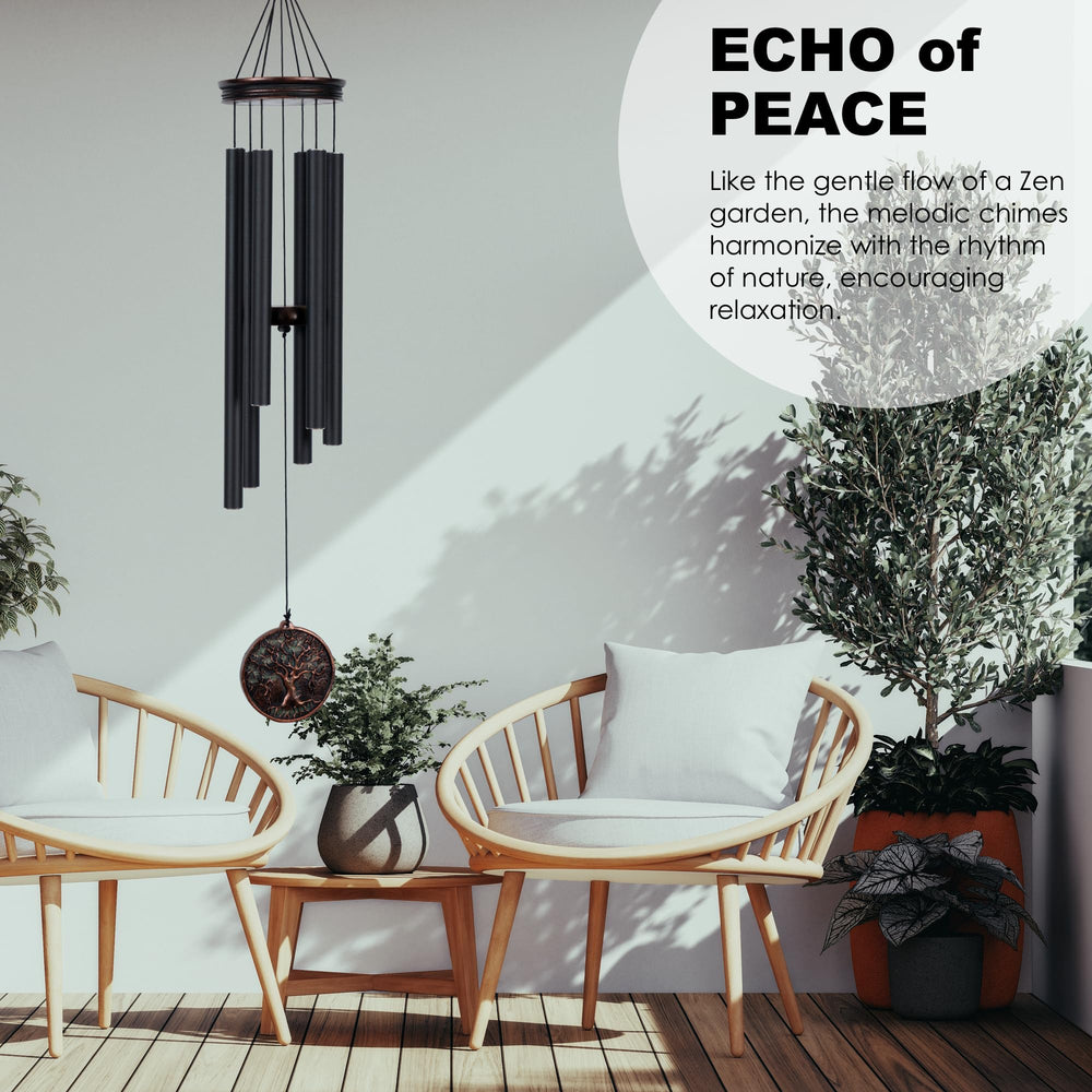 Vanquer wind chimes hanging on patio providing soothing outdoor sound