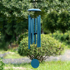 Vanquer front view of blue wind chimes showing full 38-inch hanging length and appeal