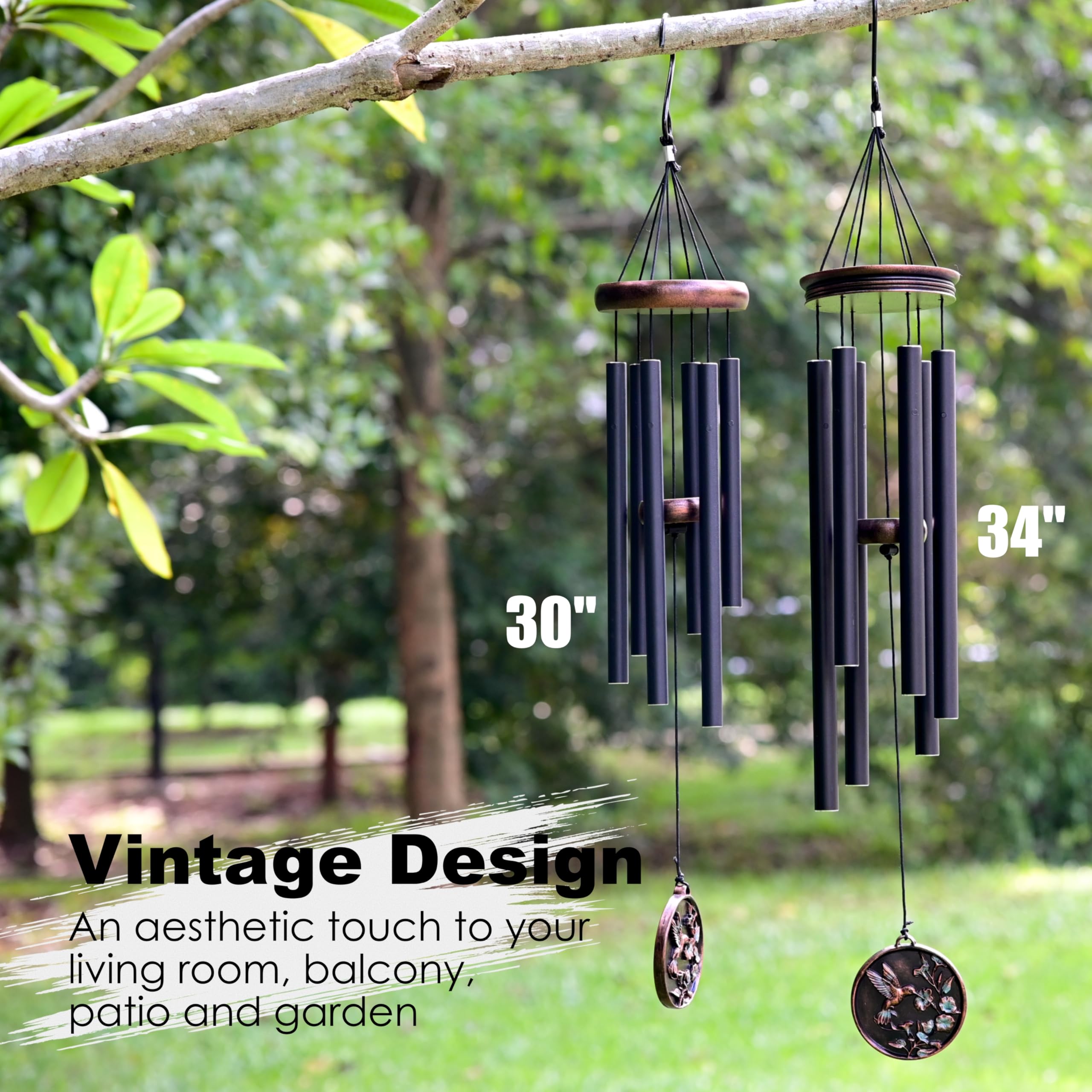Vanquer wind chimes beside a ruler showing 30 inch length and scale for placement planning
