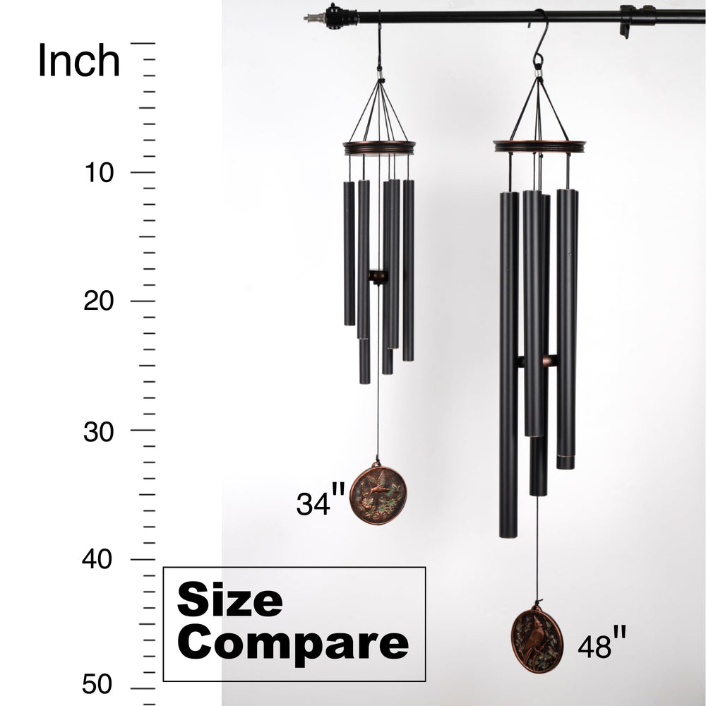 Vanquer chimes next to ruler showing 34-inch total hanging length