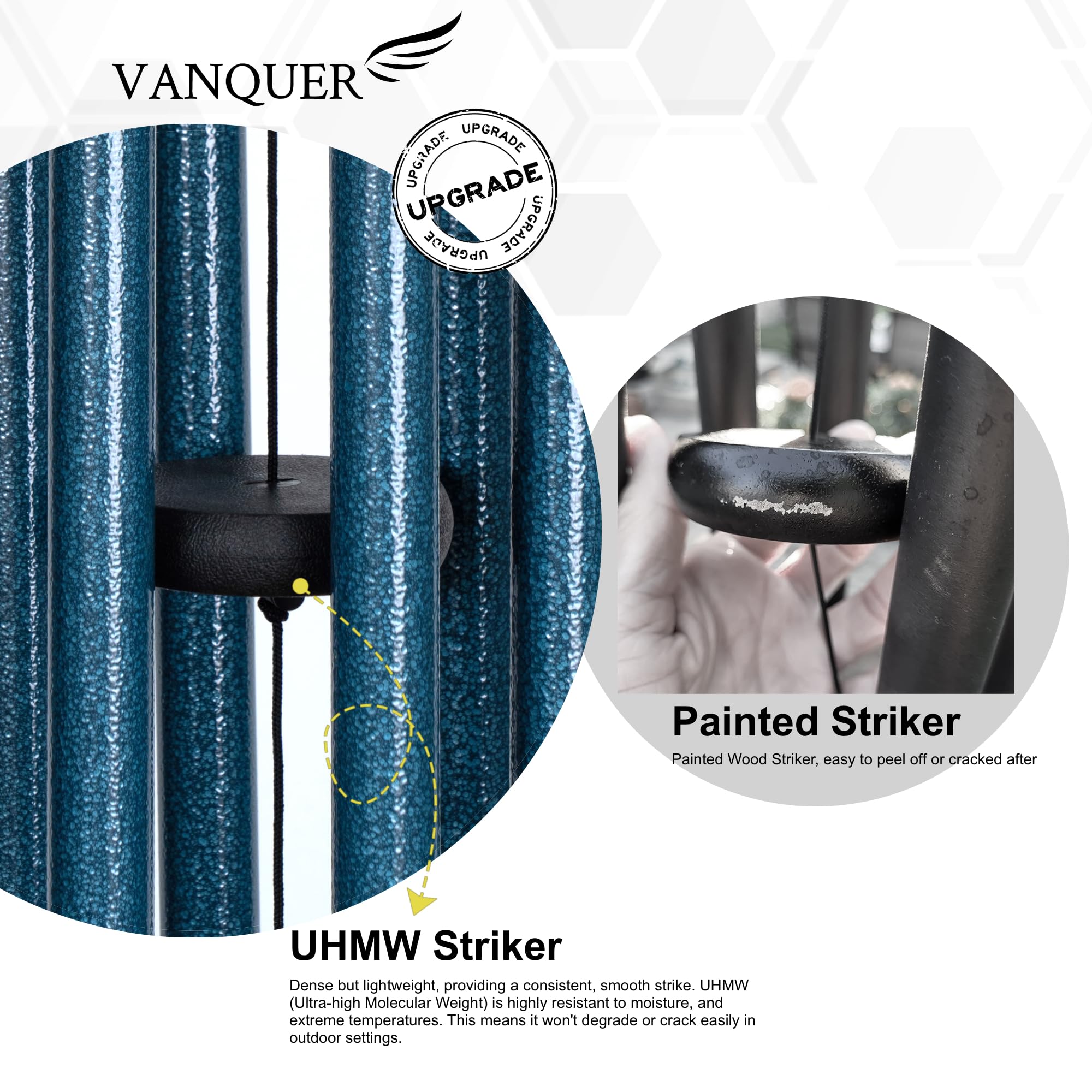 Vanquer chimes beside ruler showing 38-inch scale for accurate sizing and fit