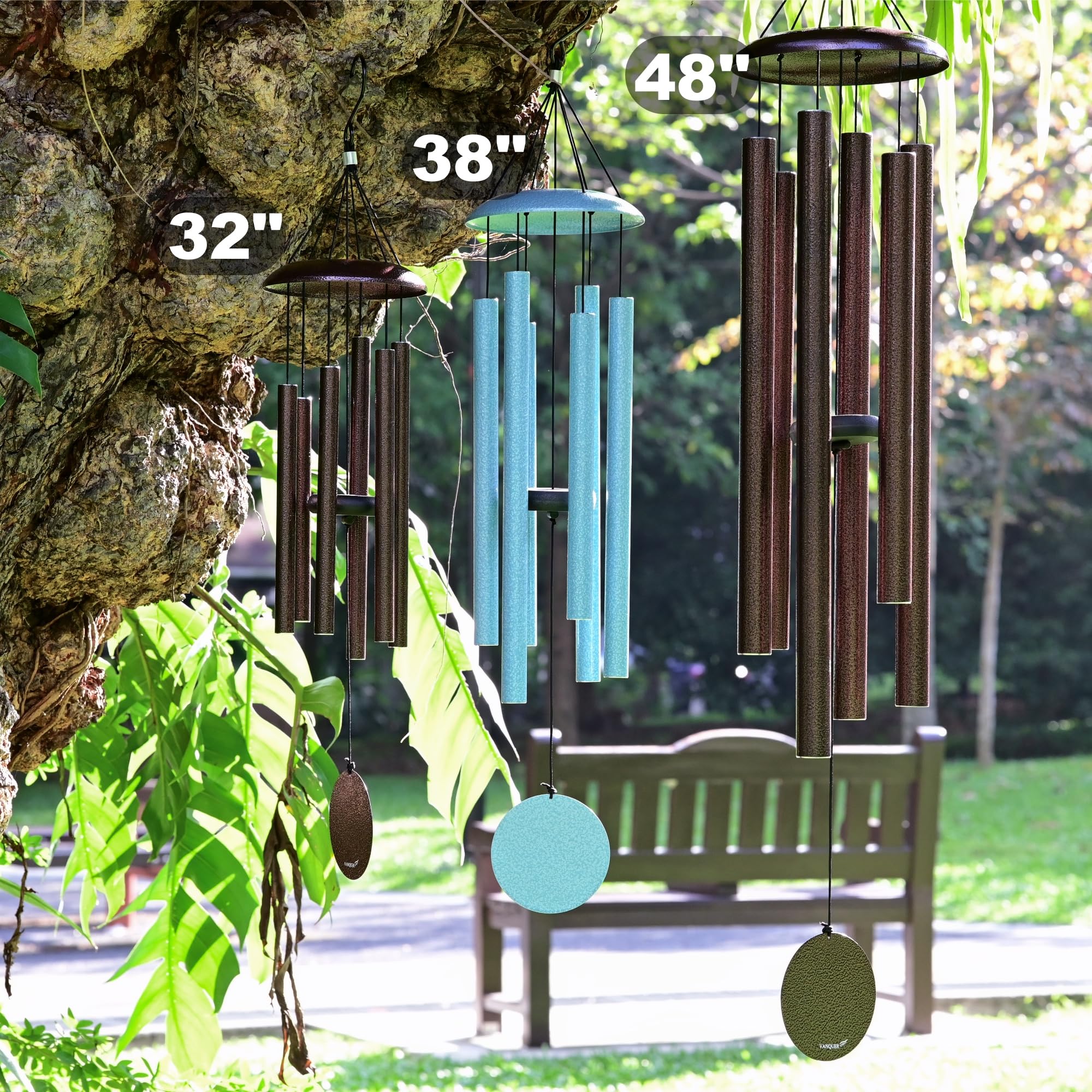 Vanquer wind chime length shown beside chair for scale and placement