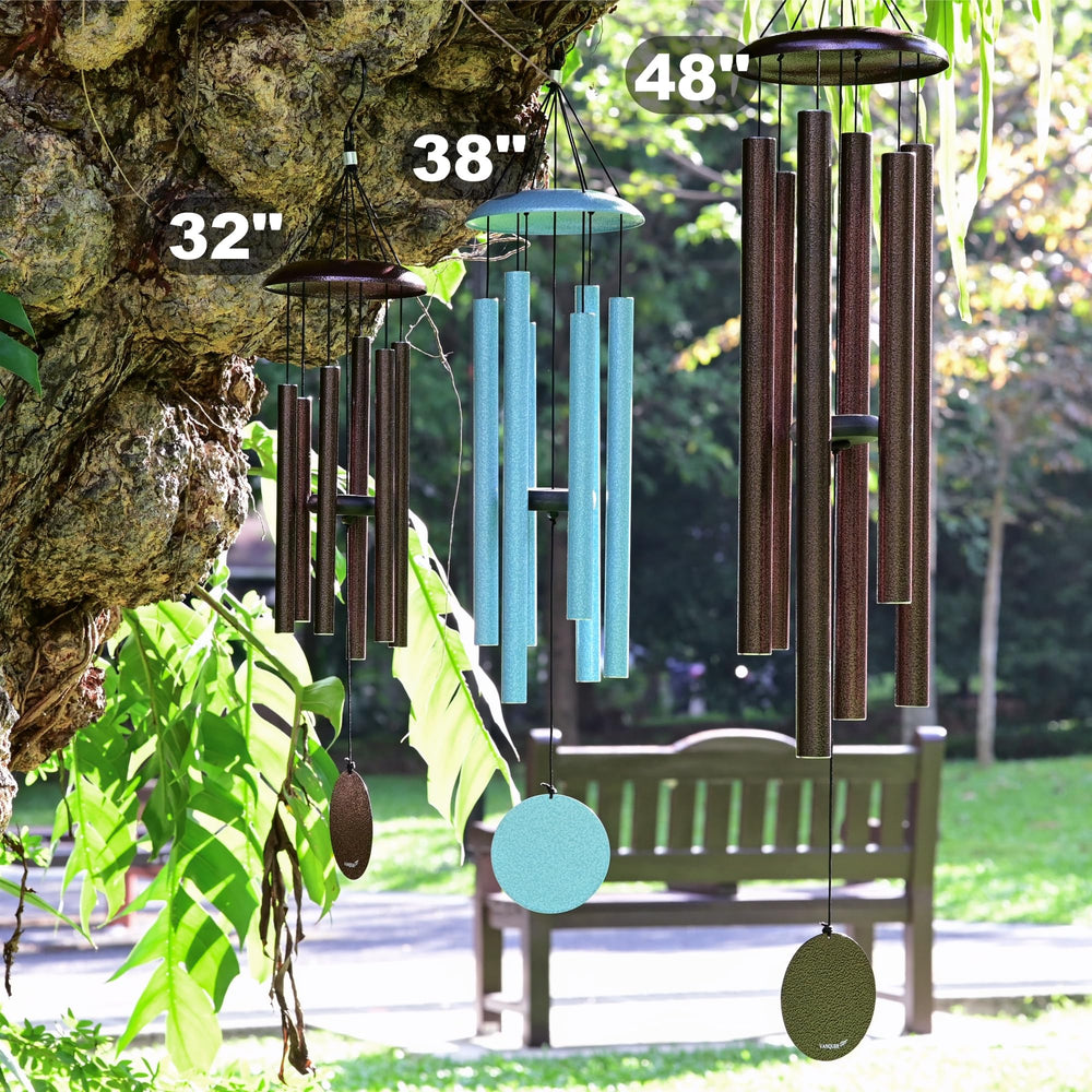 Vanquer wind chime length shown beside chair for scale and placement