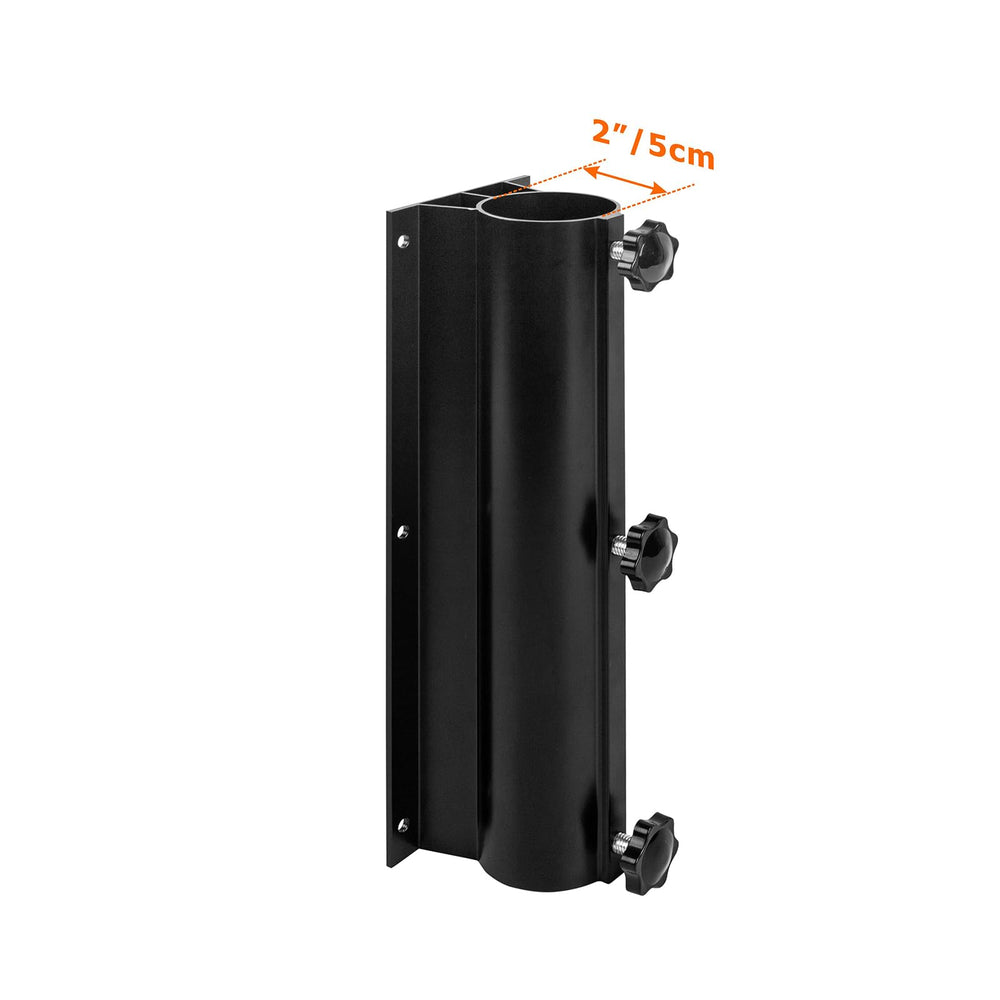 VANROUG clamp mounted on wood railing saving floor space and stabilizing umbrella