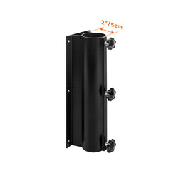 VANROUG clamp mounted on wood railing saving floor space and stabilizing umbrella