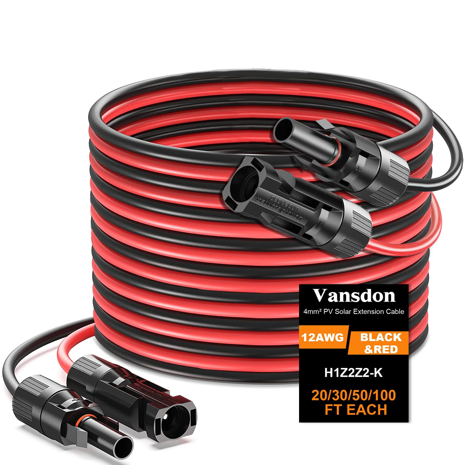 Vansdon front view of 2x50ft cables showing red and black pair and packaging durability