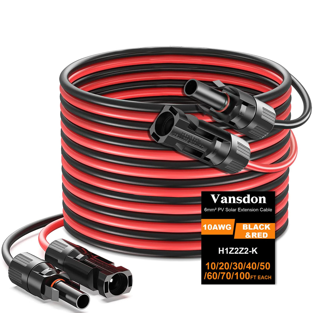 Vansdon front packaging showing 2x50ft 10AWG cables and connectors for easy identification and benefit
