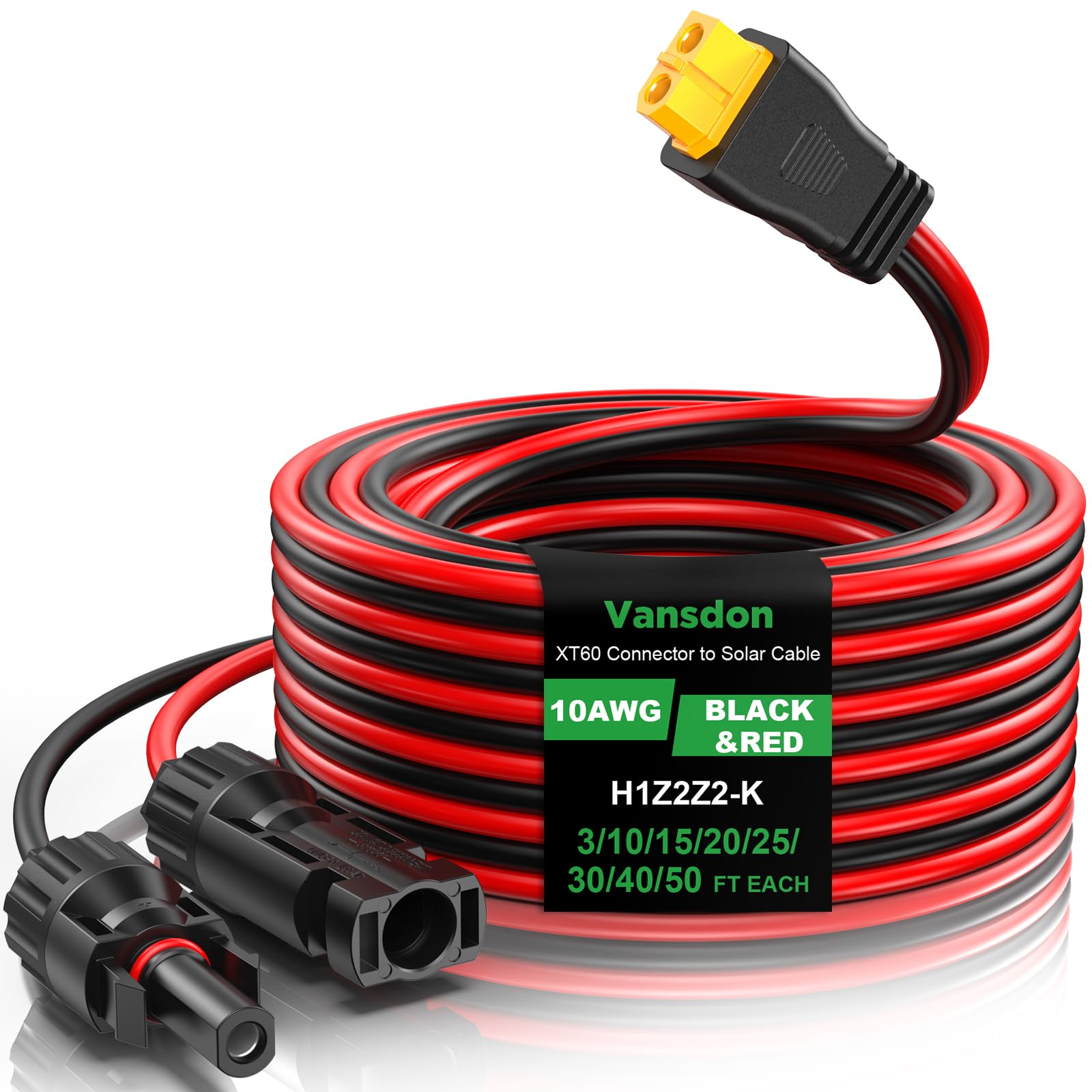Vansdon front view of XT60 solar cable showing full-length and connector benefit durability