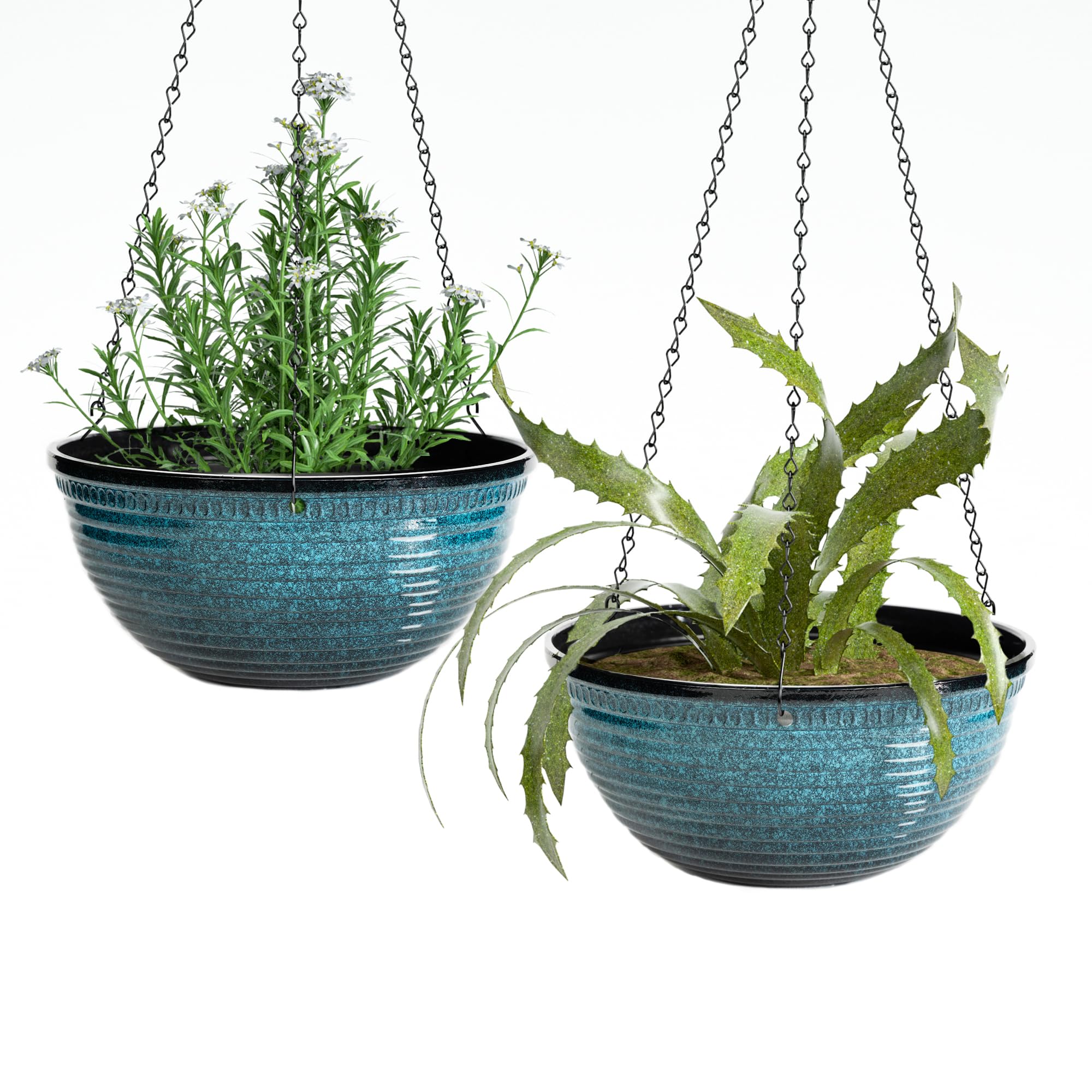 Vanslogreen front view of blue 12 inch hanging planter showcasing glossy finish and shape