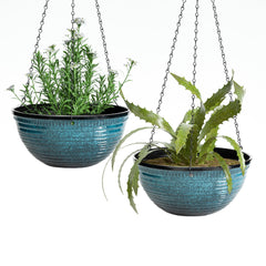 Vanslogreen front view of blue 12 inch hanging planter showcasing glossy finish and shape