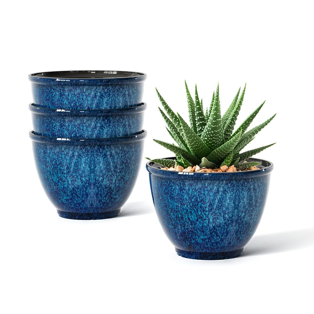 Vanslogreen front view of four blue pots showing glossy finish and matching set benefit