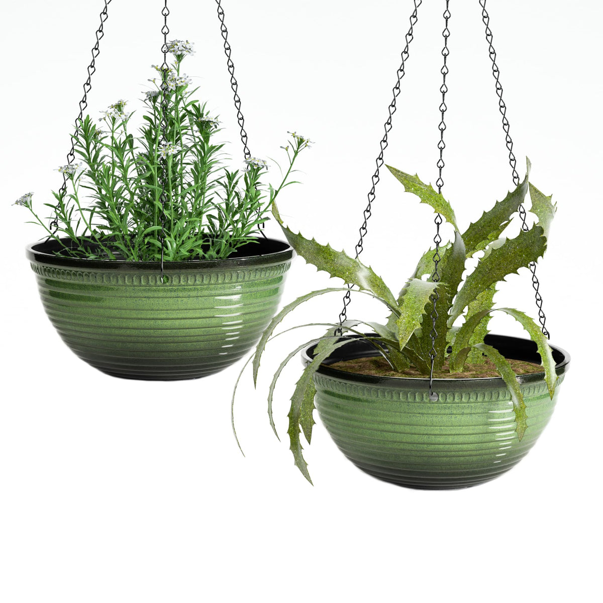 Vanslogreen front view glazed hanging planter showing clean modern look and decor benefit