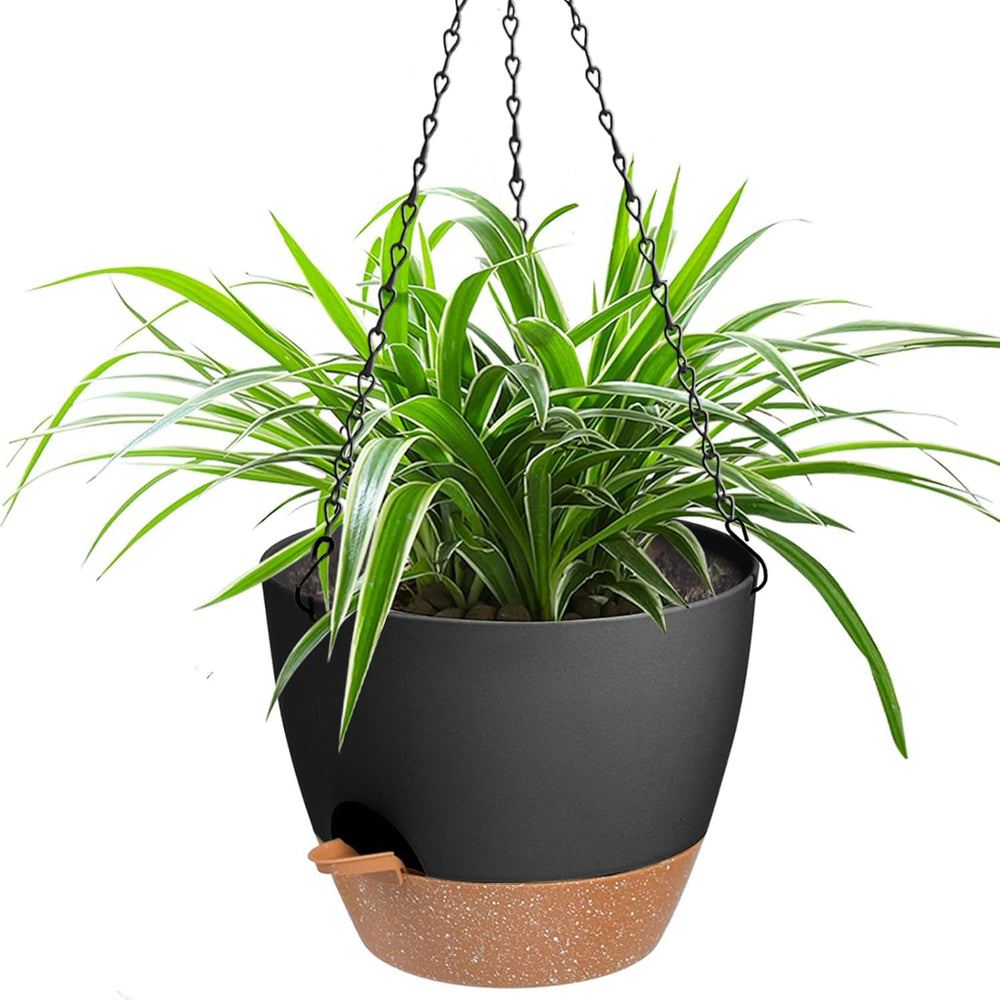 Vanslogreen front view of black hanging planter showing sleek shape and benefit of space saving
