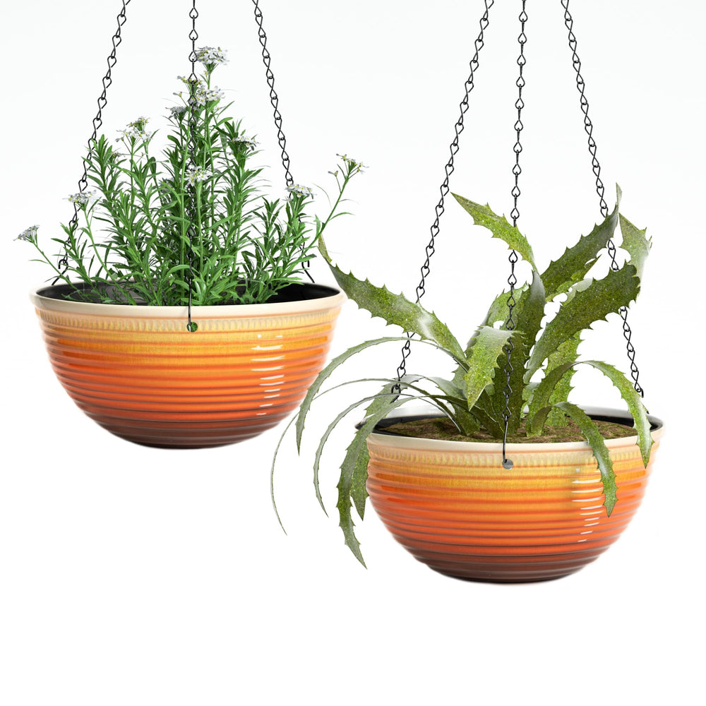 Vanslogreen front view orange hanging planter showing stylish glazed finish and bold color benefit