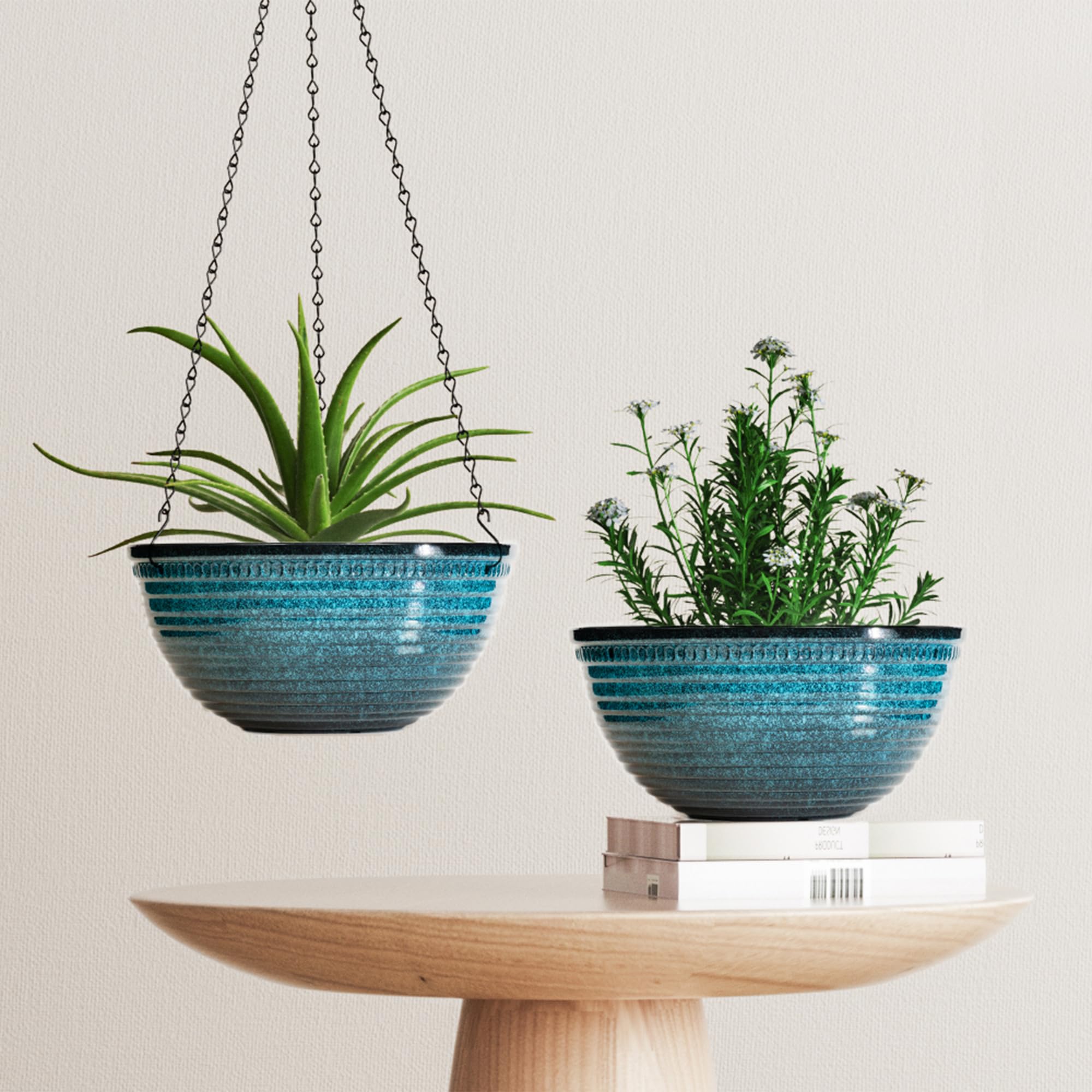 Vanslogreen hanging pot beside a chair demonstrating 12 inch size and scale