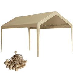 Vanteriam front view beige canopy showing full 10x20 coverage and shelter benefit