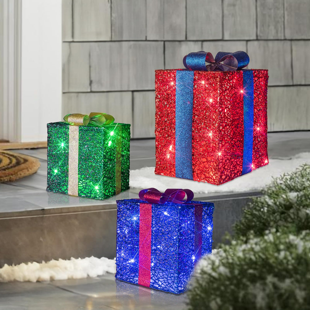 Vanthylit front view of three lit present boxes showing festive color and glow
