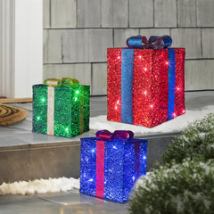 Vanthylit front view of three lit present boxes showing festive color and glow