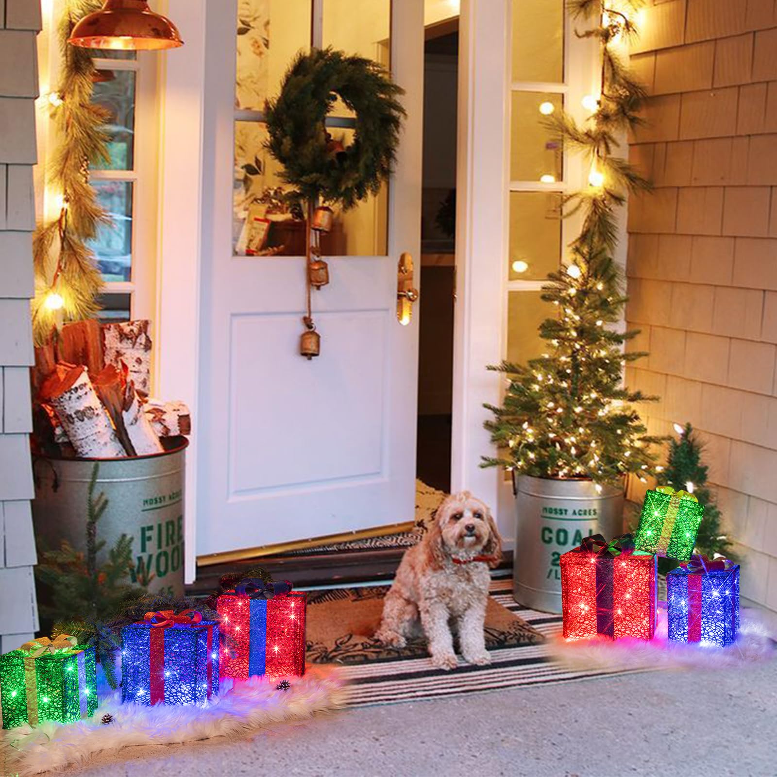 Vanthylit present boxes on porch adding festive holiday entrance atmosphere