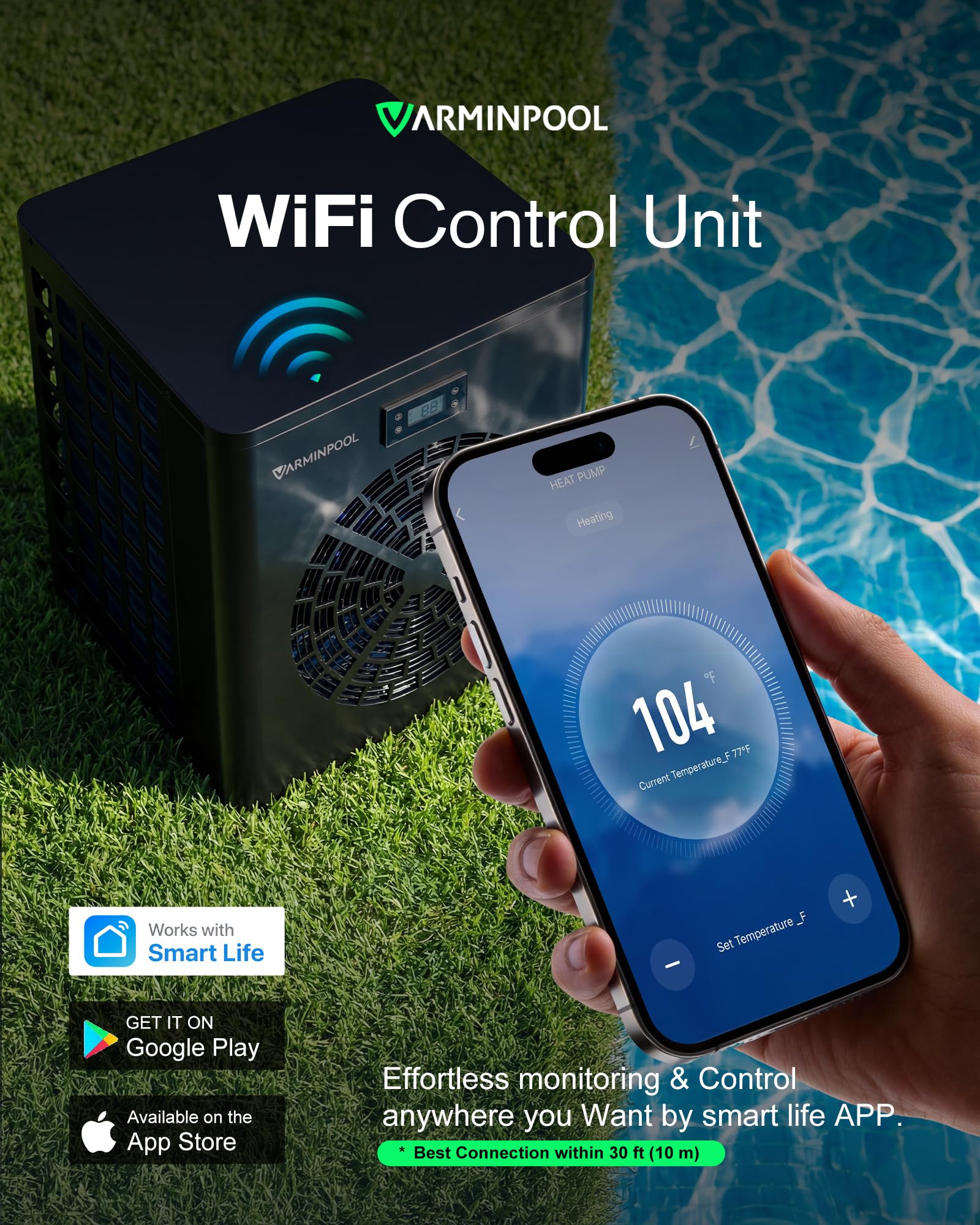 VARMINPOOL heater installed beside above-ground pool delivering steady warmth