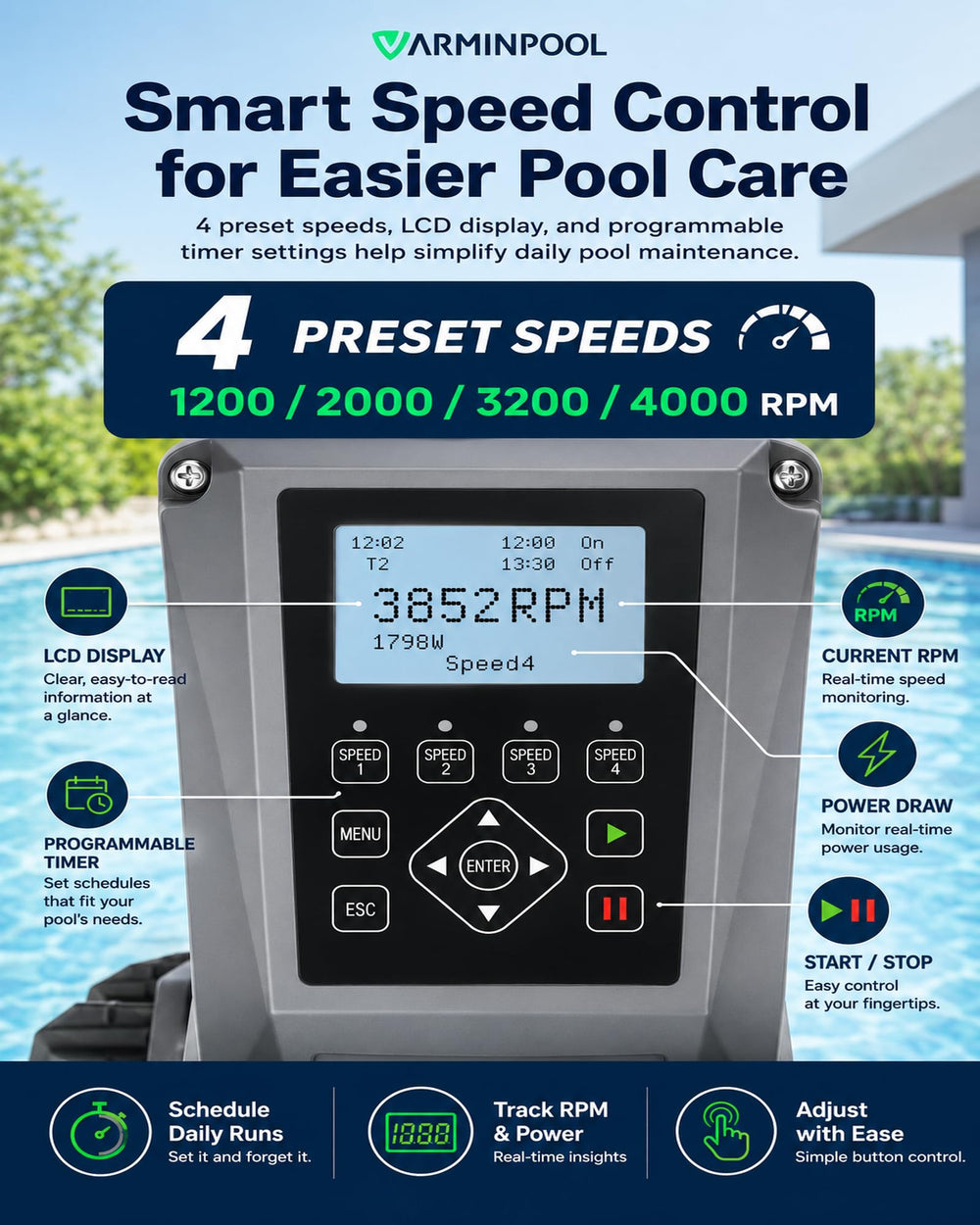 VARMINPOOL side profile with dimensions for accurate equipment pad planning