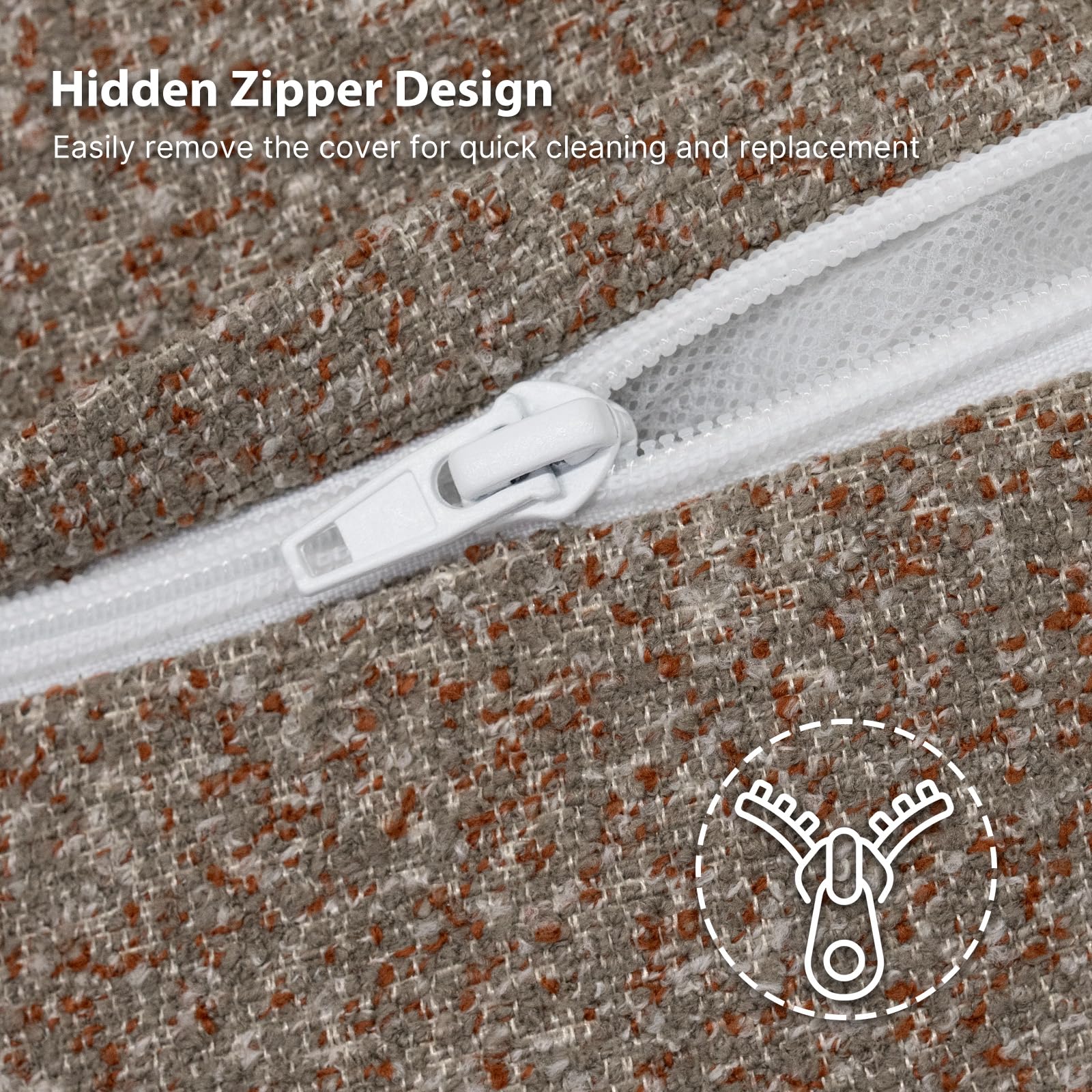 Varmoza smooth zipper detail with cover partially removed for easy cleaning advantage
