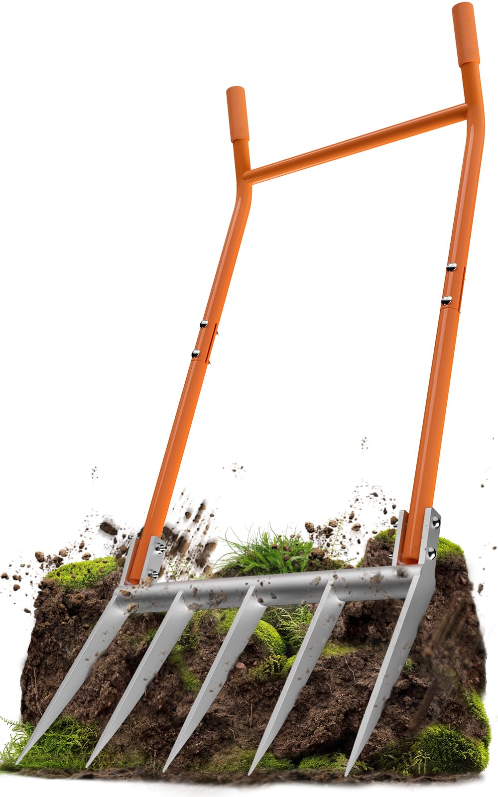 VASALAID broadfork front view showing U-shaped frame and five tines for improved leverage