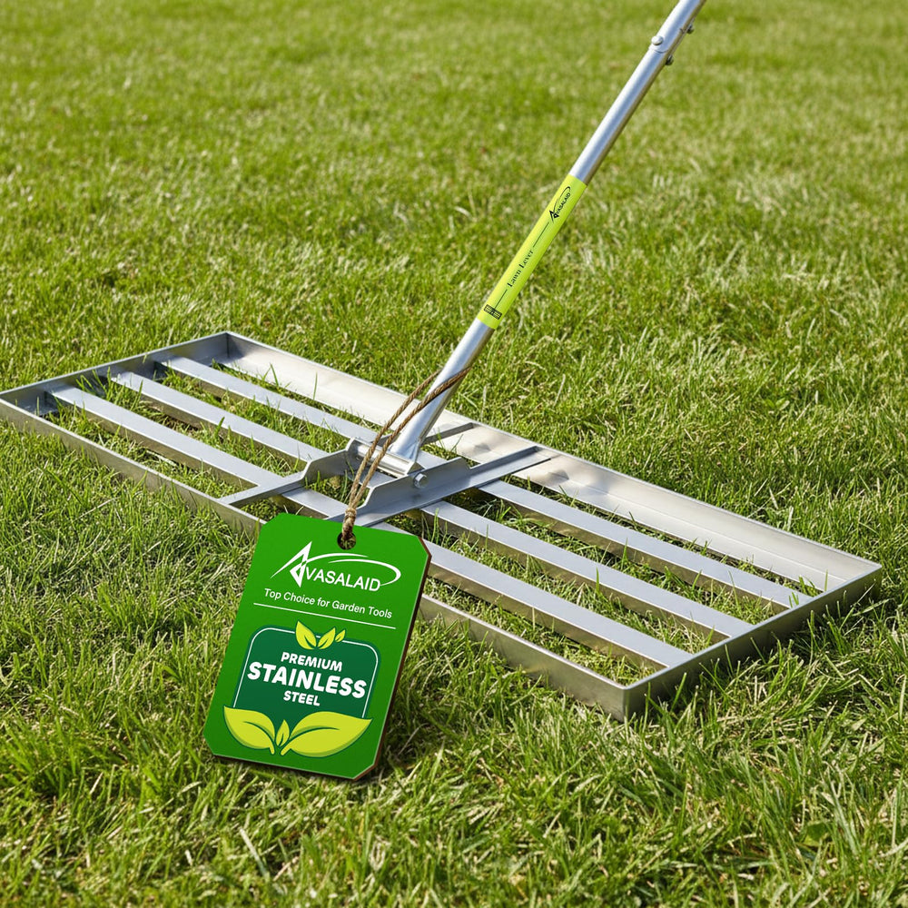 VASALAID front view of 36x12 inch rake showing full blade and benefits of wide coverage