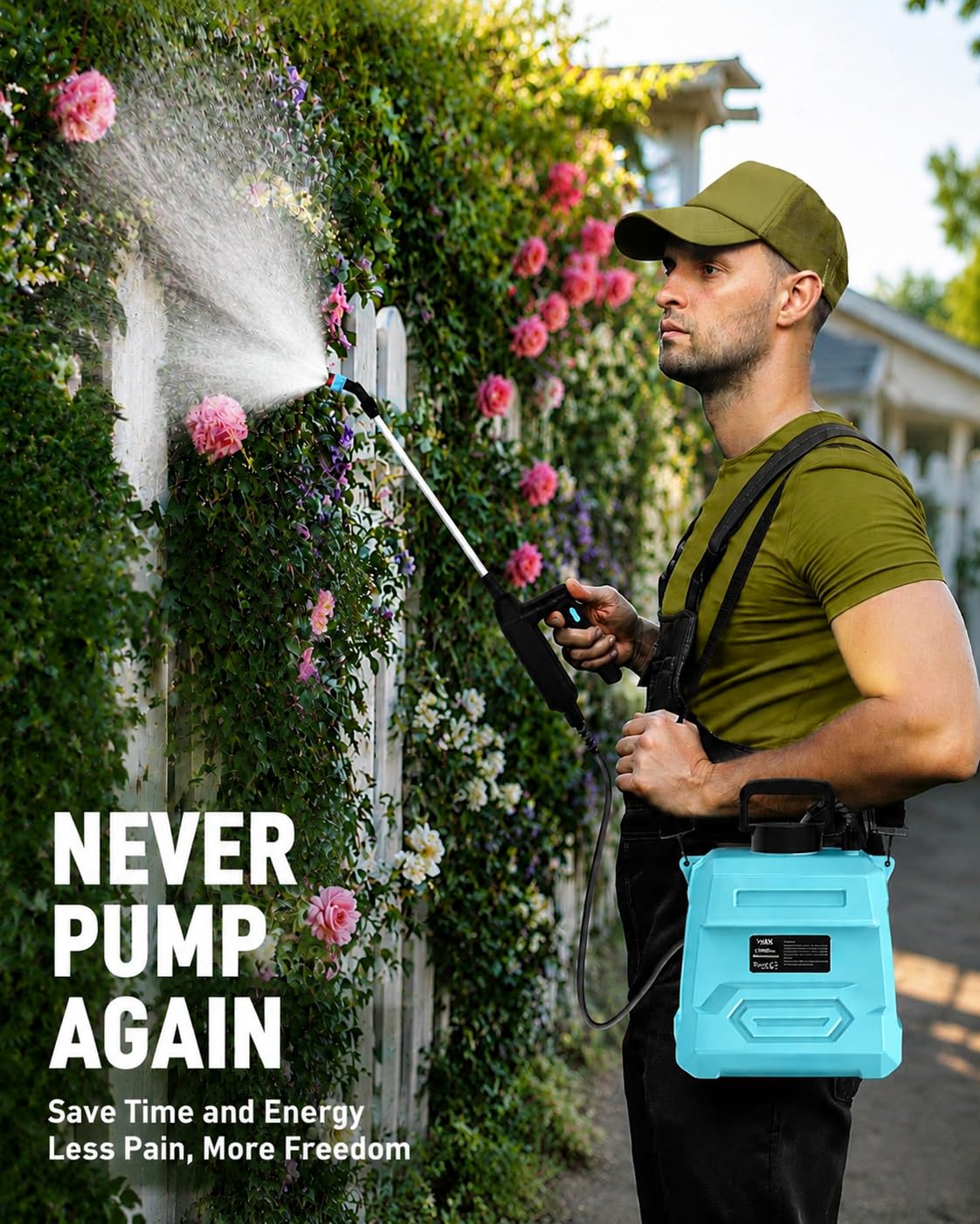 VASG sprayer in use on garden beds demonstrating fast, motorized spraying for time savings