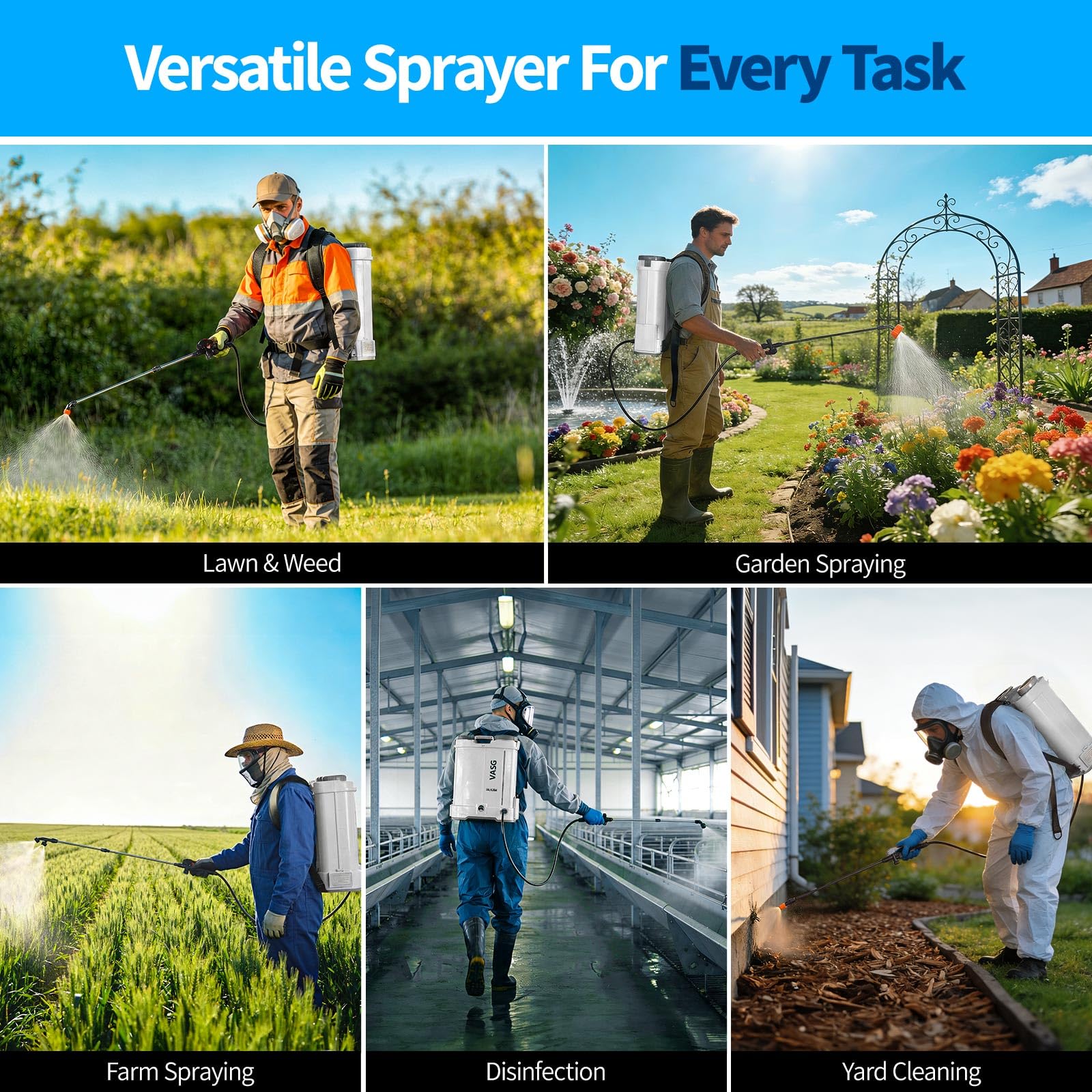 VASG six professional nozzles displayed, offering versatile spray patterns